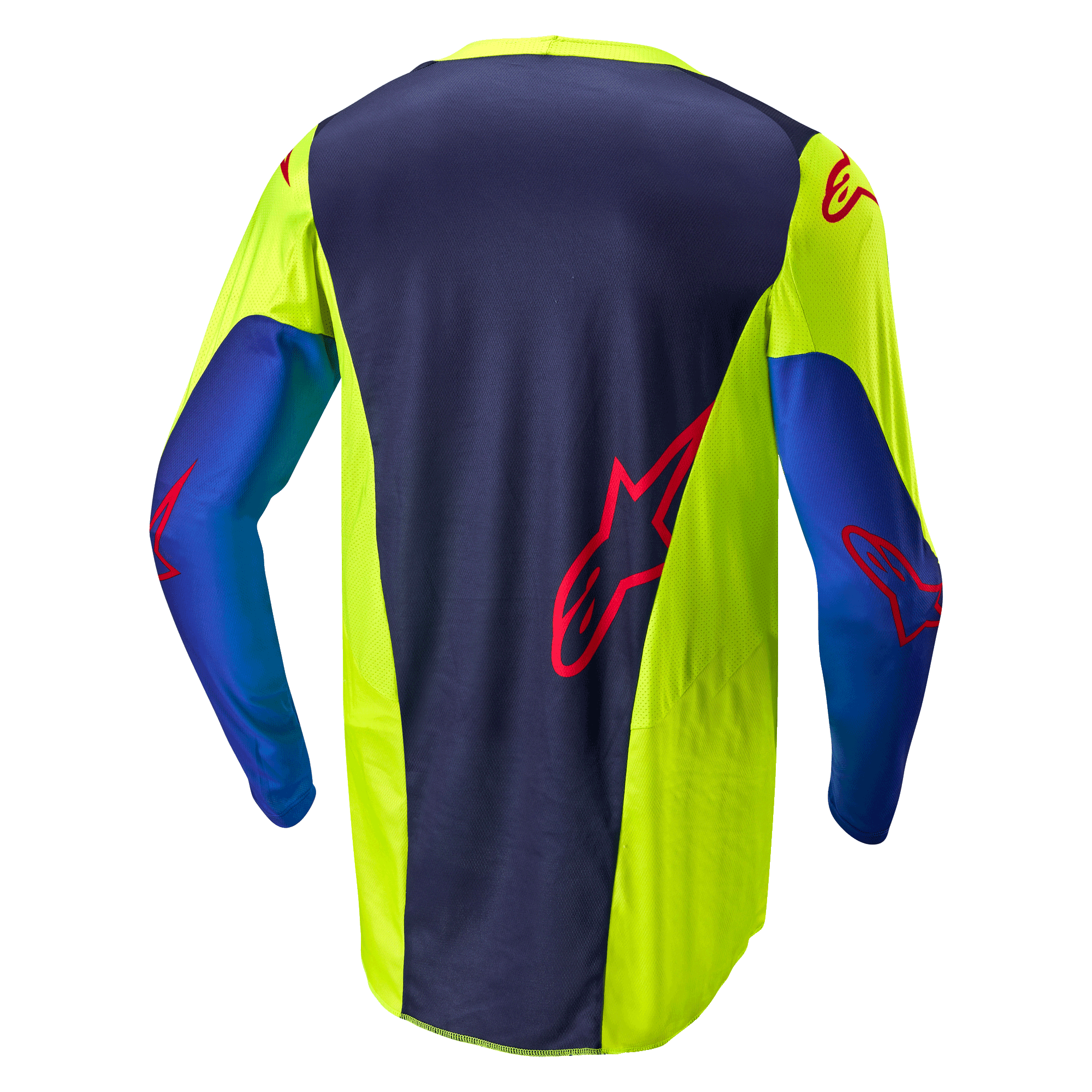 Alpinestars Racer Hoen Jersey 2024, maglia da motocross, giallo fluo e blu notte, vista posteriore con pannello centrale blu scuro e logo rosso, sezioni laterali giallo brillante, maniche lunghe, in tessuto a rete traspirante per prestazioni fuoristrada