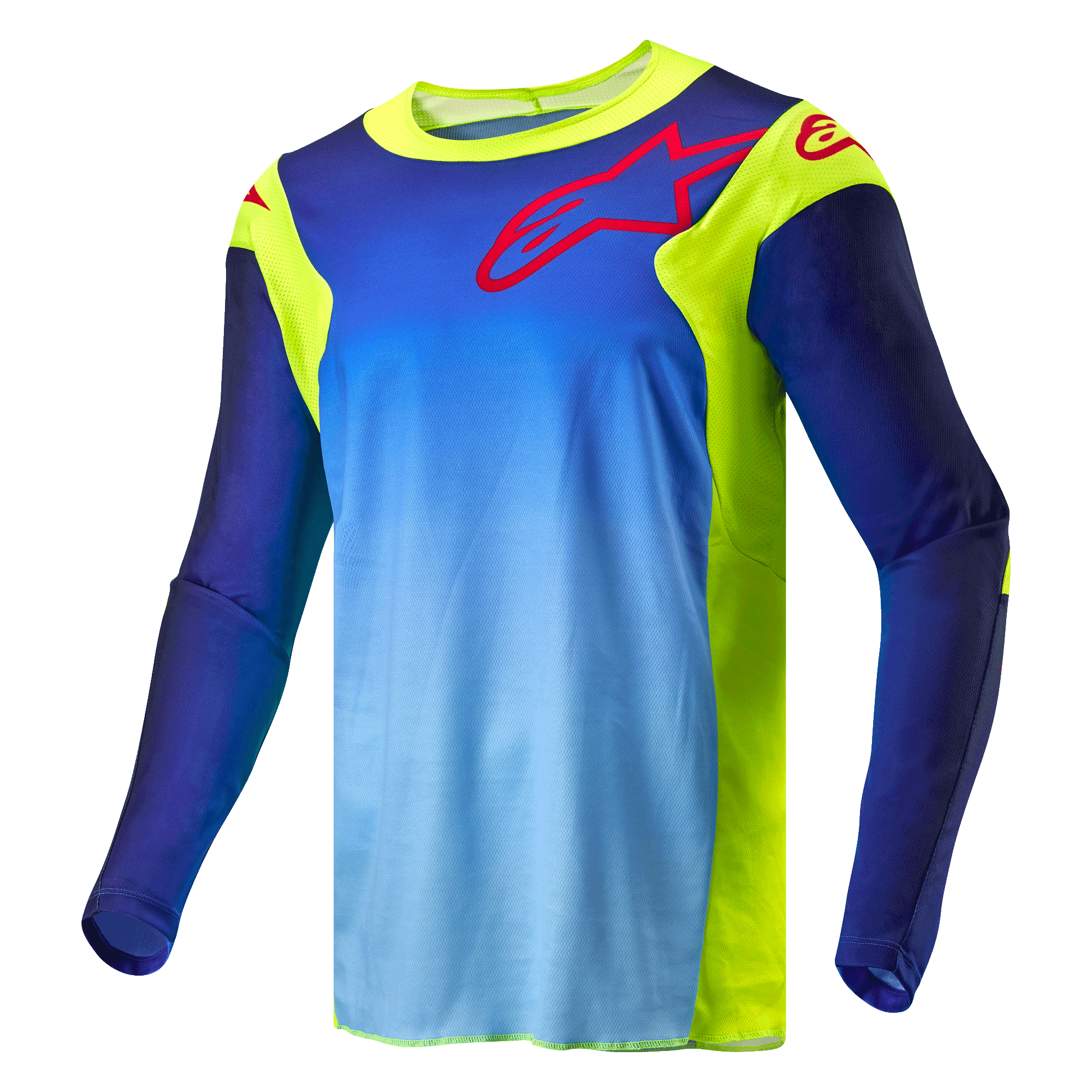 Alpinestars Racer Hoen Jersey 2024, maglia da motocross, giallo fluo e blu Night Navy, con corpo sfumato blu e pannelli giallo fluorescente, logo Alpinestars rosso sul petto e sulle spalle, abbigliamento tecnico da fuoristrada a maniche lunghe.