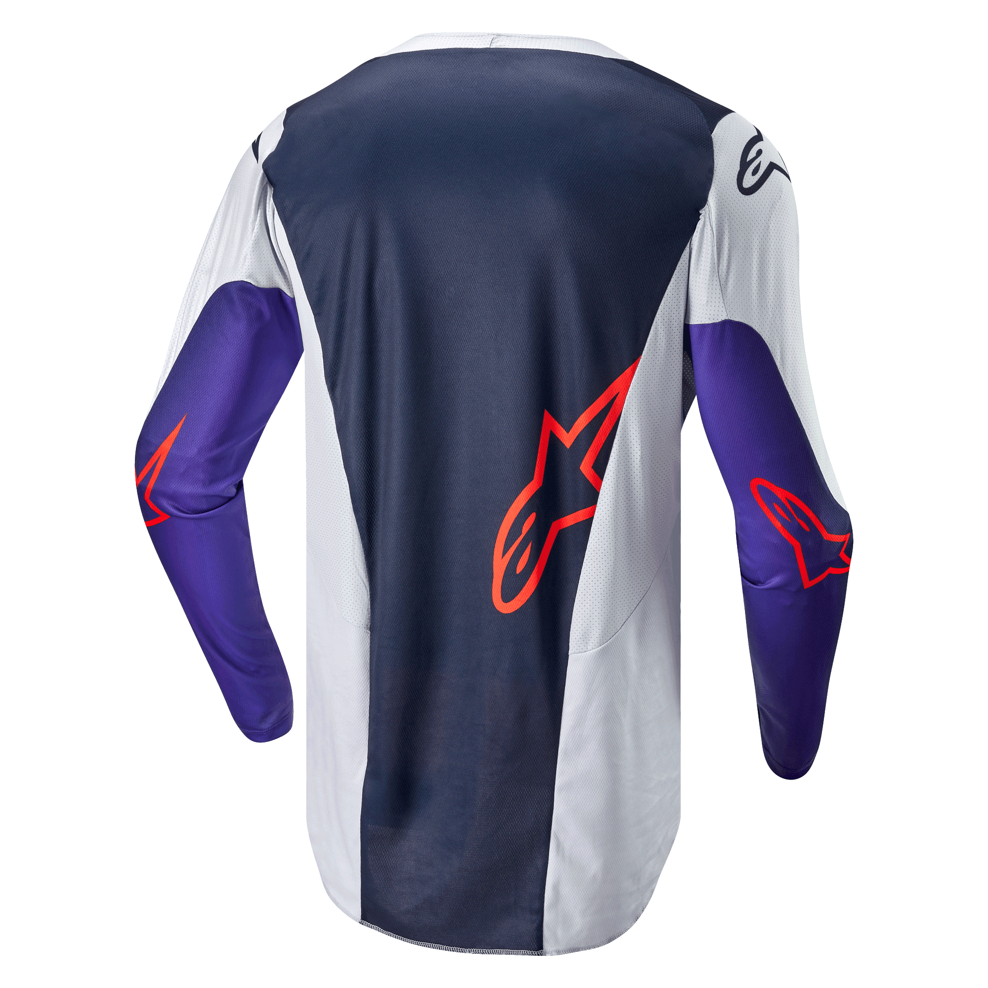 Maglia Alpinestars 2024 Racer Hoen, maglia da motocross, vista posteriore, blu navy e grigio chiaro con maniche viola, loghi Alpinestars arancioni, tessuto tecnico in rete per prestazioni fuoristrada