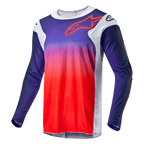 Alpinestars 2024 Racer Hoen Jersey, maglia da motocross, sfumatura dal blu navy all'arancione acceso con pannelli laterali grigio chiaro, con profilo rosso del logo Alpinestars sul petto, abbigliamento tecnico a maniche lunghe per corse fuoristrada