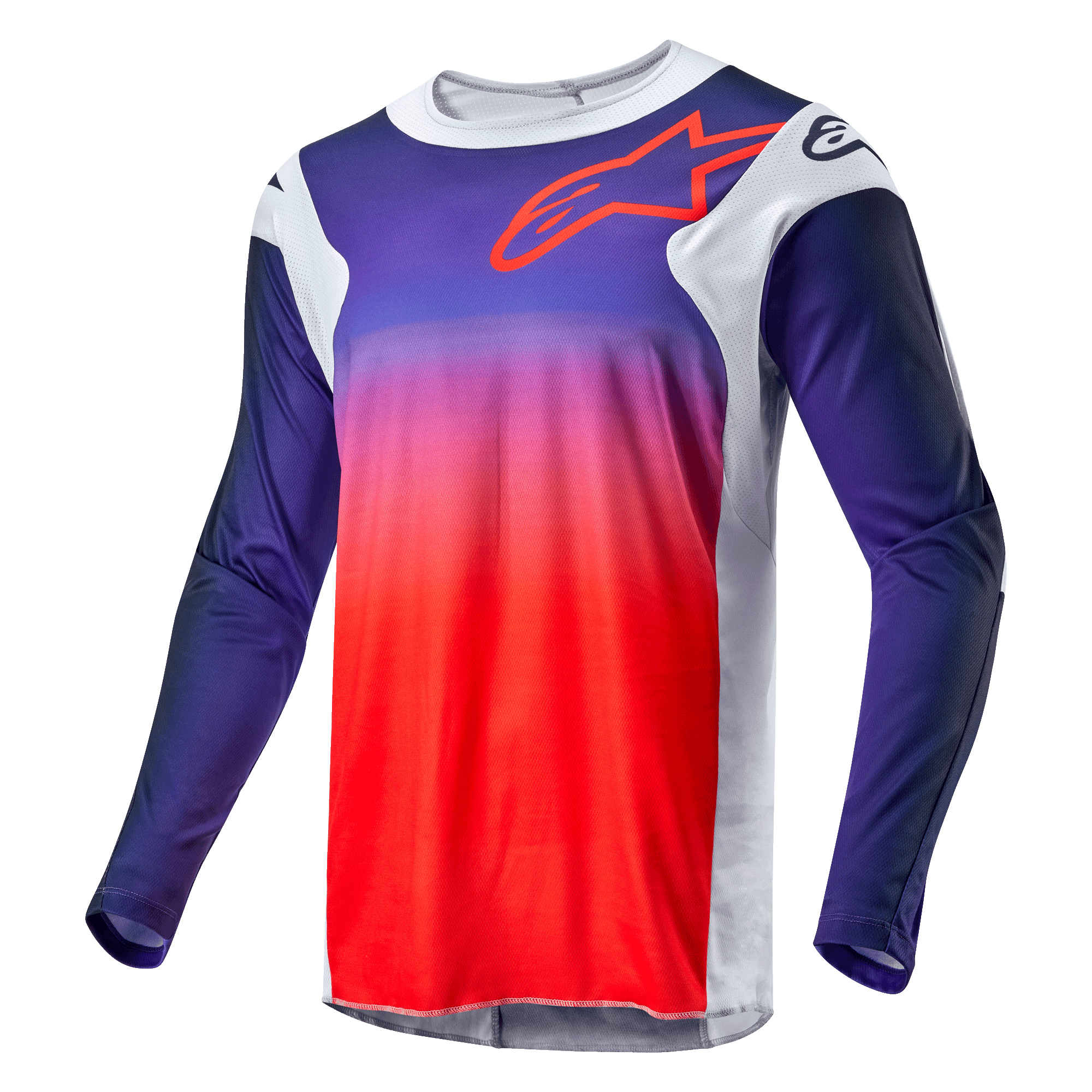 Alpinestars 2024 Racer Hoen Jersey, maglia da motocross, sfumatura dal blu navy all'arancione acceso con pannelli laterali grigio chiaro, con profilo rosso del logo Alpinestars sul petto, abbigliamento tecnico a maniche lunghe per corse fuoristrada