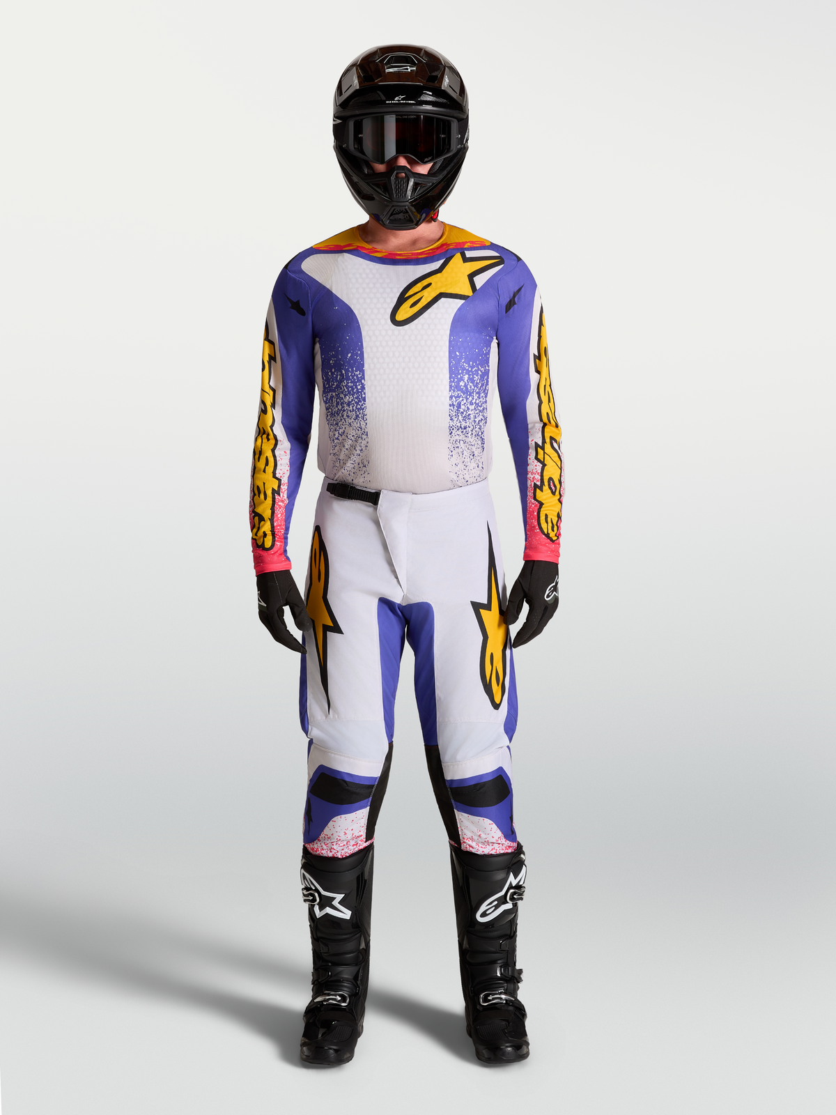 Alpinestars maglia Fluid Drag e Fluid Drag gear set, completo motocross da uomo, blu, oro e bianco, tessuto elasticizzato.