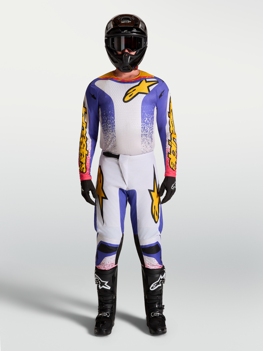 Alpinestars Pantaloni Fluid Drag, completo da motocross uomo, viola, blu e oro, con maglia e stivali coordinati, per off-road