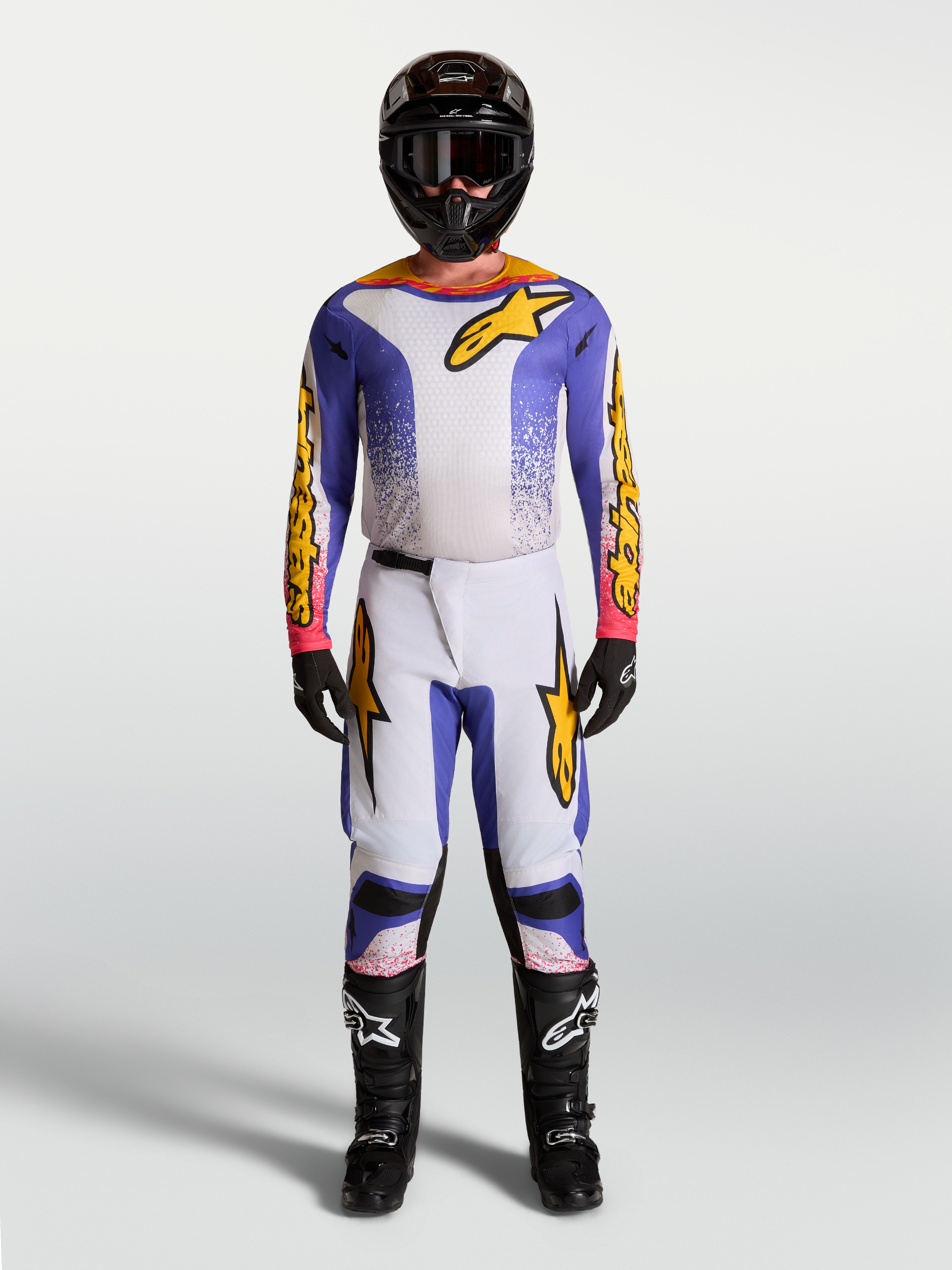 Alpinestars Pantaloni Fluid Drag, completo da motocross uomo, viola, blu e oro, con maglia e stivali coordinati, per off-road