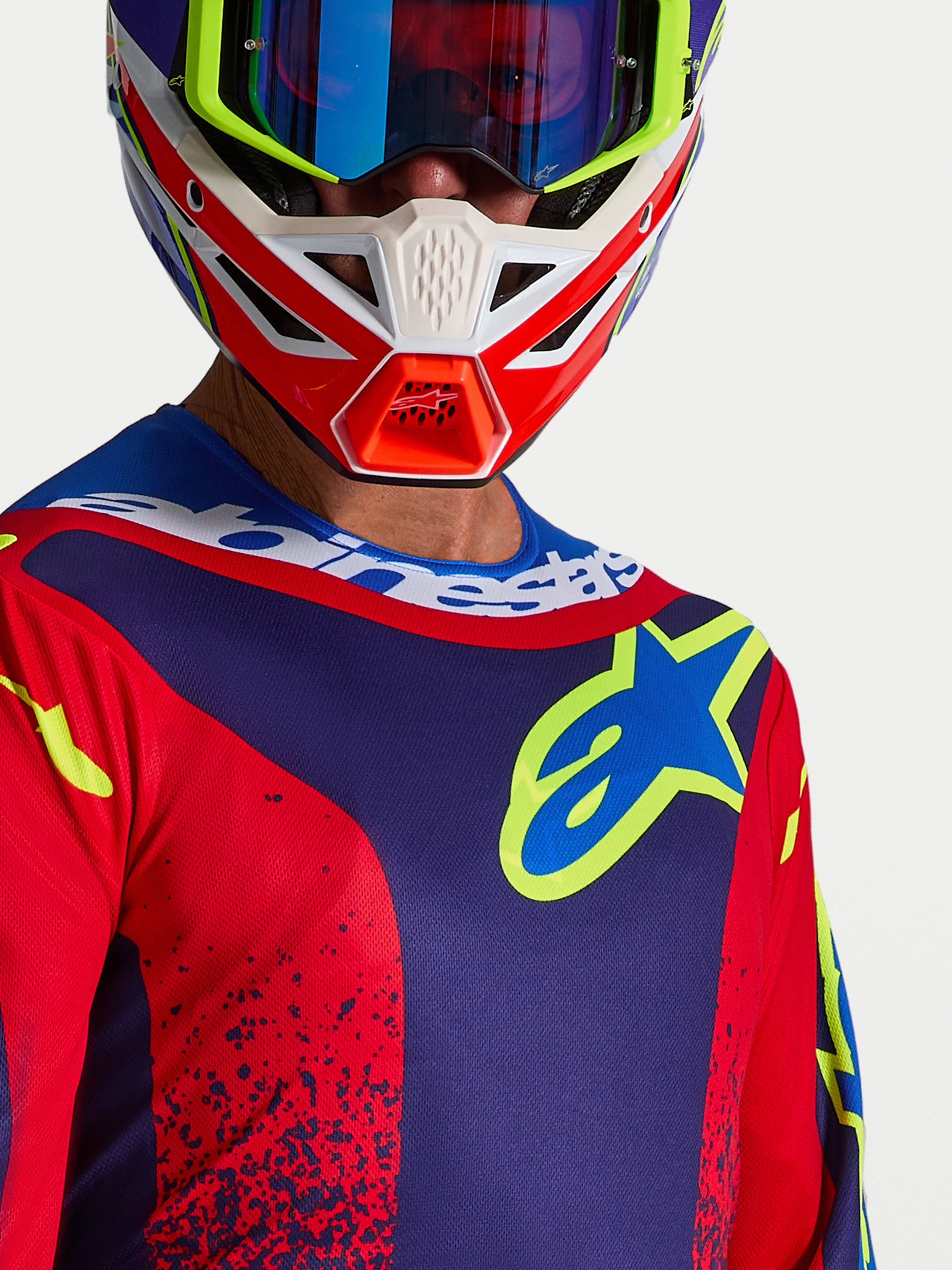 Alpinestars Maglia Fluid Drag, maglia da motocross da uomo, blu navy e rosso, con logo sul petto e colletto sportivo.