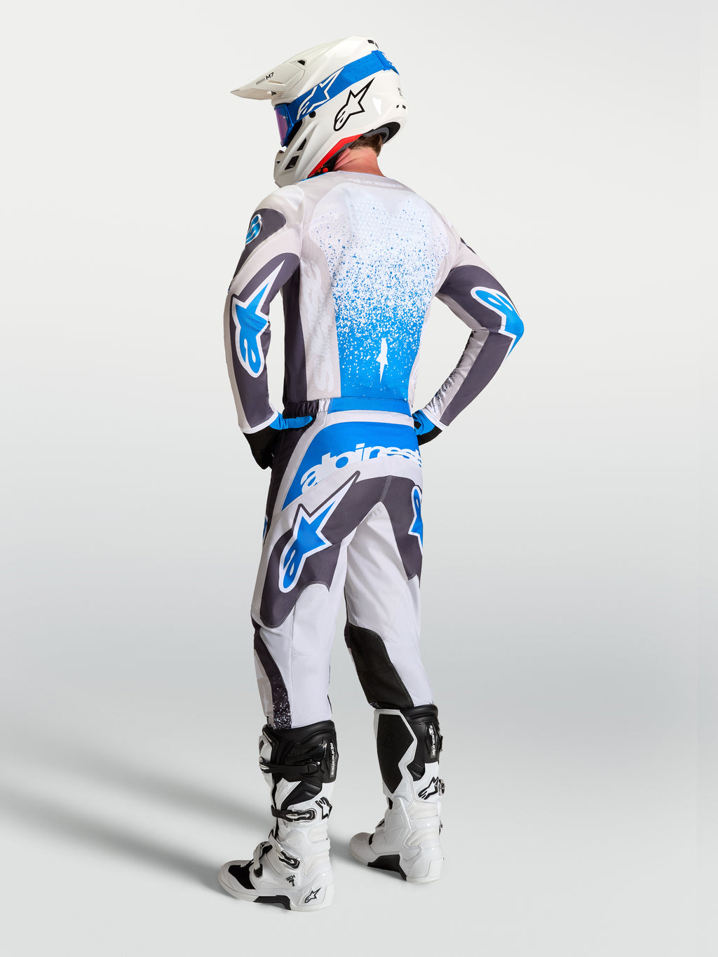 Alpinestars maglia Fluid Drag, maglia motocross da uomo, grigio e blu, tessuto leggero traspirante, vista posteriore