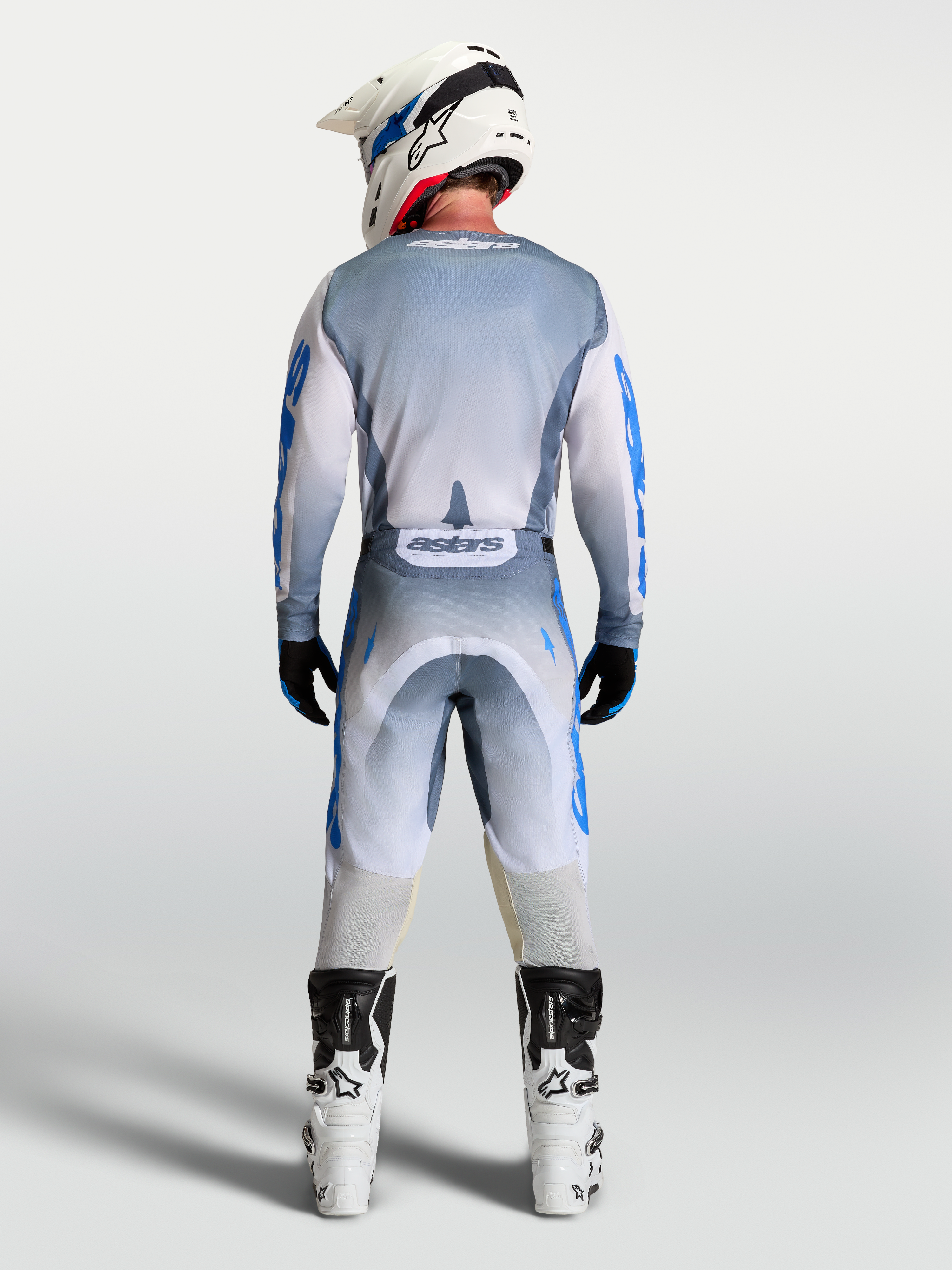 Alpinestars Racer Amber Gear Set e Pantaloni, completo da motocross da uomo, grigio cenere e blu, vista posteriore