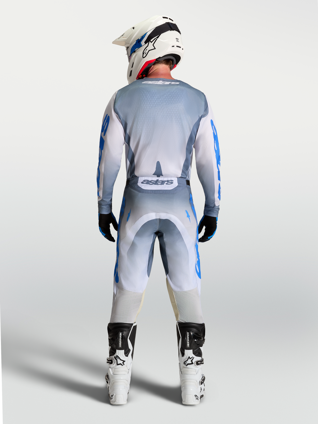 Alpinestars Maglia Racer Amber, maglia da motocross da uomo, grigio e blu, vista posteriore su modello.