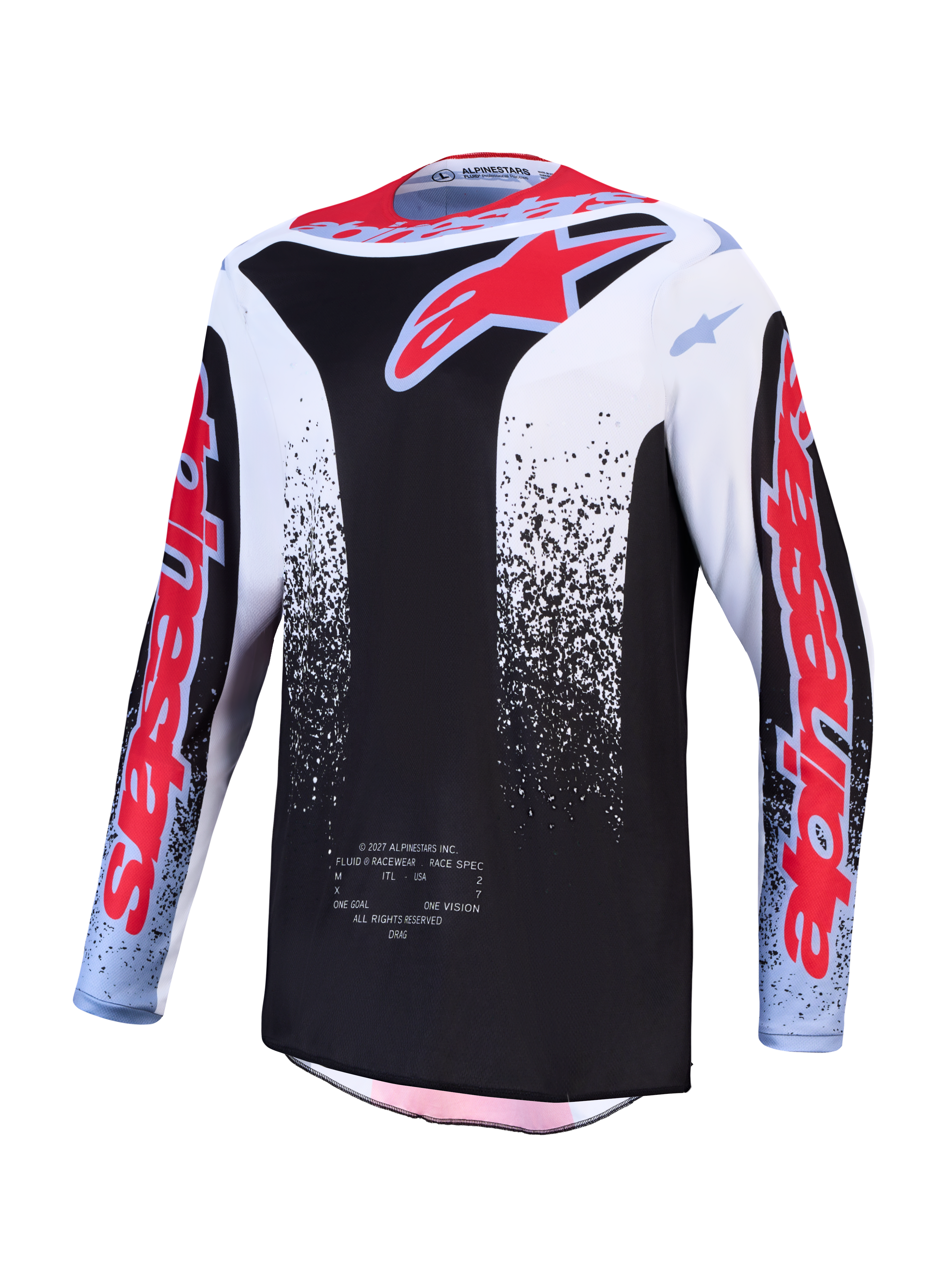 Alpinestars Maglia Fluid Drag, maglia da motocross uomo, nero, bianco e rosso fluo, in materiale tecnico traspirante
