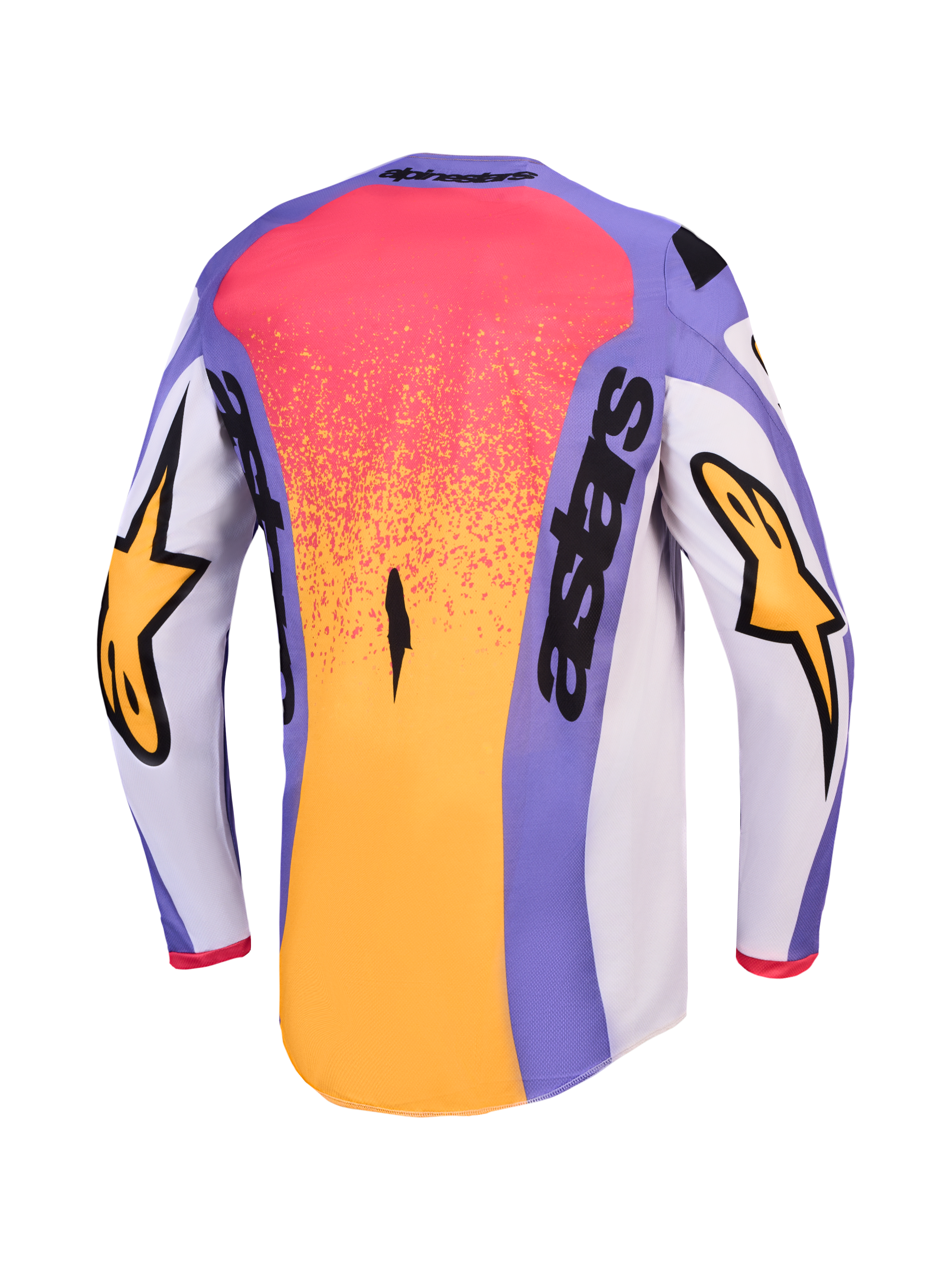 Alpinestars Maglia Fluid Drag, maglia da motocross da uomo, lilla chiaro e oro, vista posteriore con taglio più lungo e loghi.