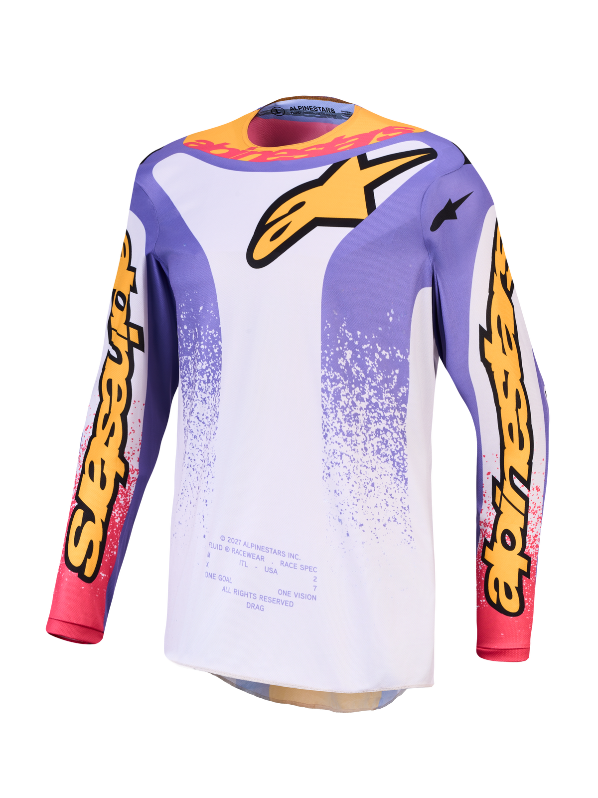Alpinestars Fluid Drag Jersey, Men's Motocross Jersey, Light Lilac and Blue Iris, moisture-wicking polyfabric.