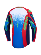 Alpinestars Maglia Fluid Drag, maglia da motocross da uomo, blu navy e rosso fuoco con grafiche verdi, vista posteriore.