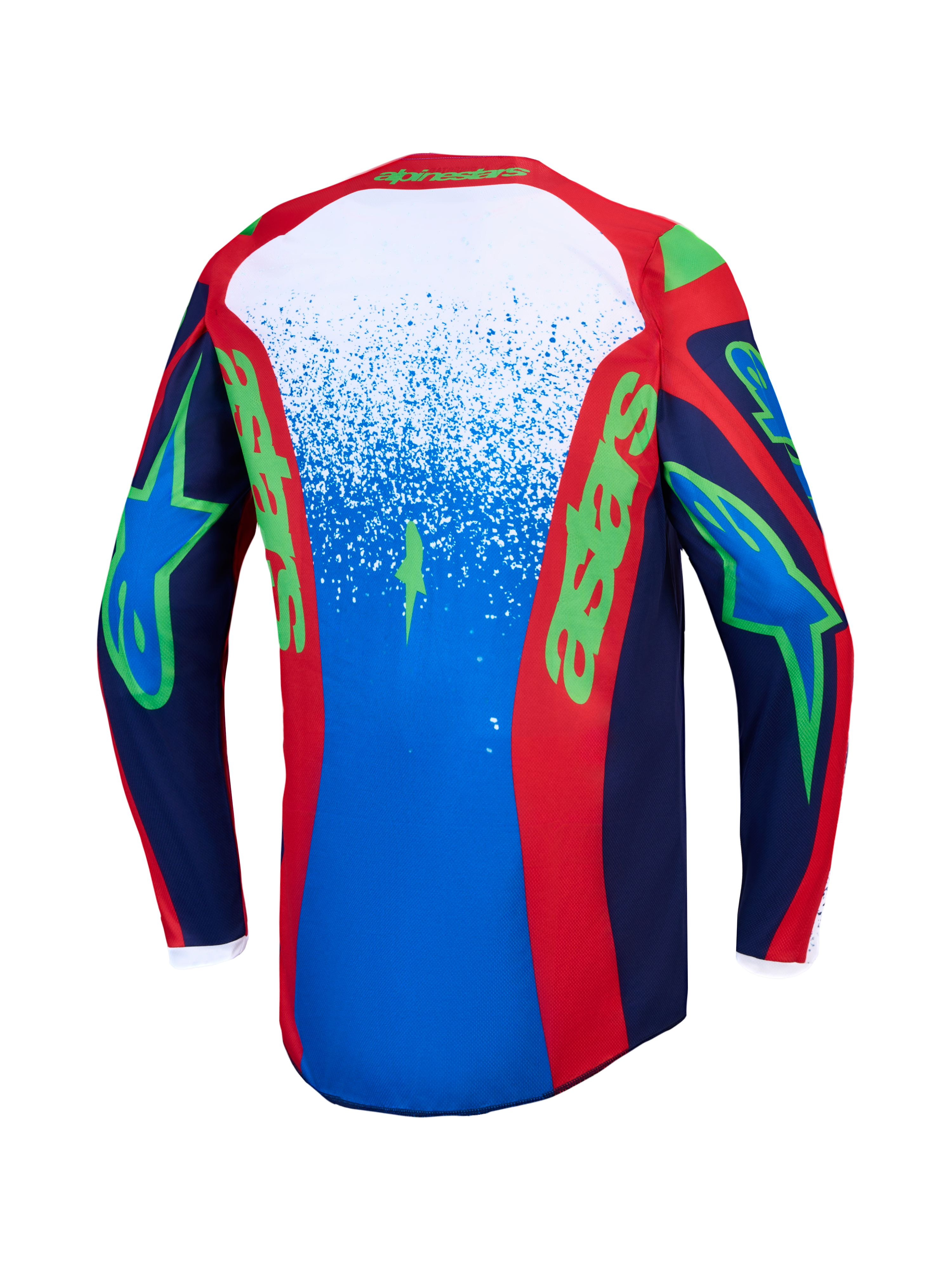 Alpinestars Maglia Fluid Drag, maglia da motocross da uomo, blu navy e rosso fuoco con grafiche verdi, vista posteriore.