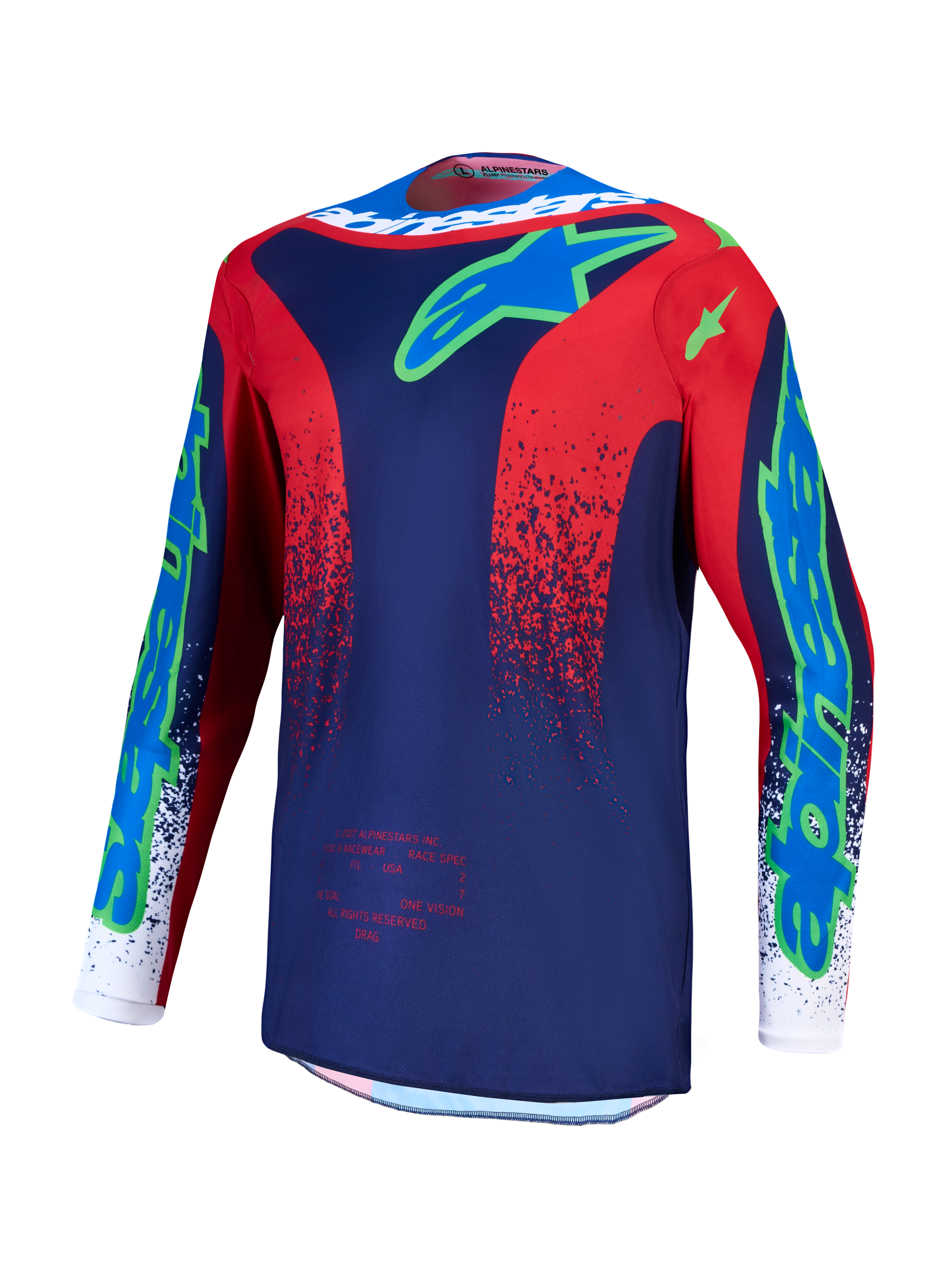 Alpinestars maglia Fluid Drag, maglia da motocross da uomo, blu navy e rosso fuoco, poliestere traspirante e antiumidità.