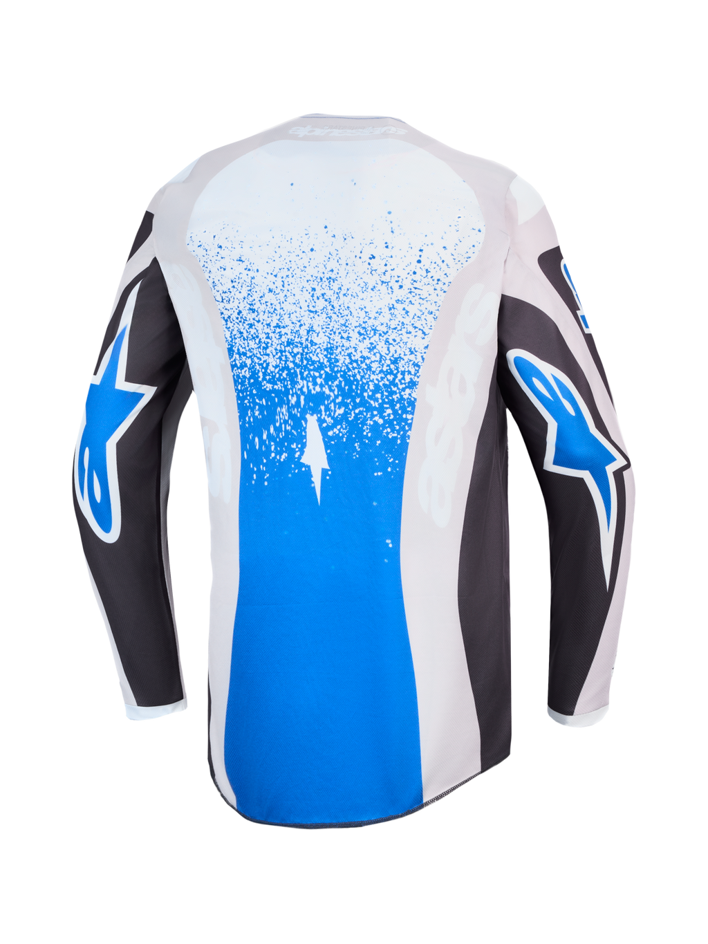 Alpinestars Maglia Fluid Drag, maglia da motocross da uomo, blu e grigia, vista posteriore con grafiche splatter e loghi a stella.