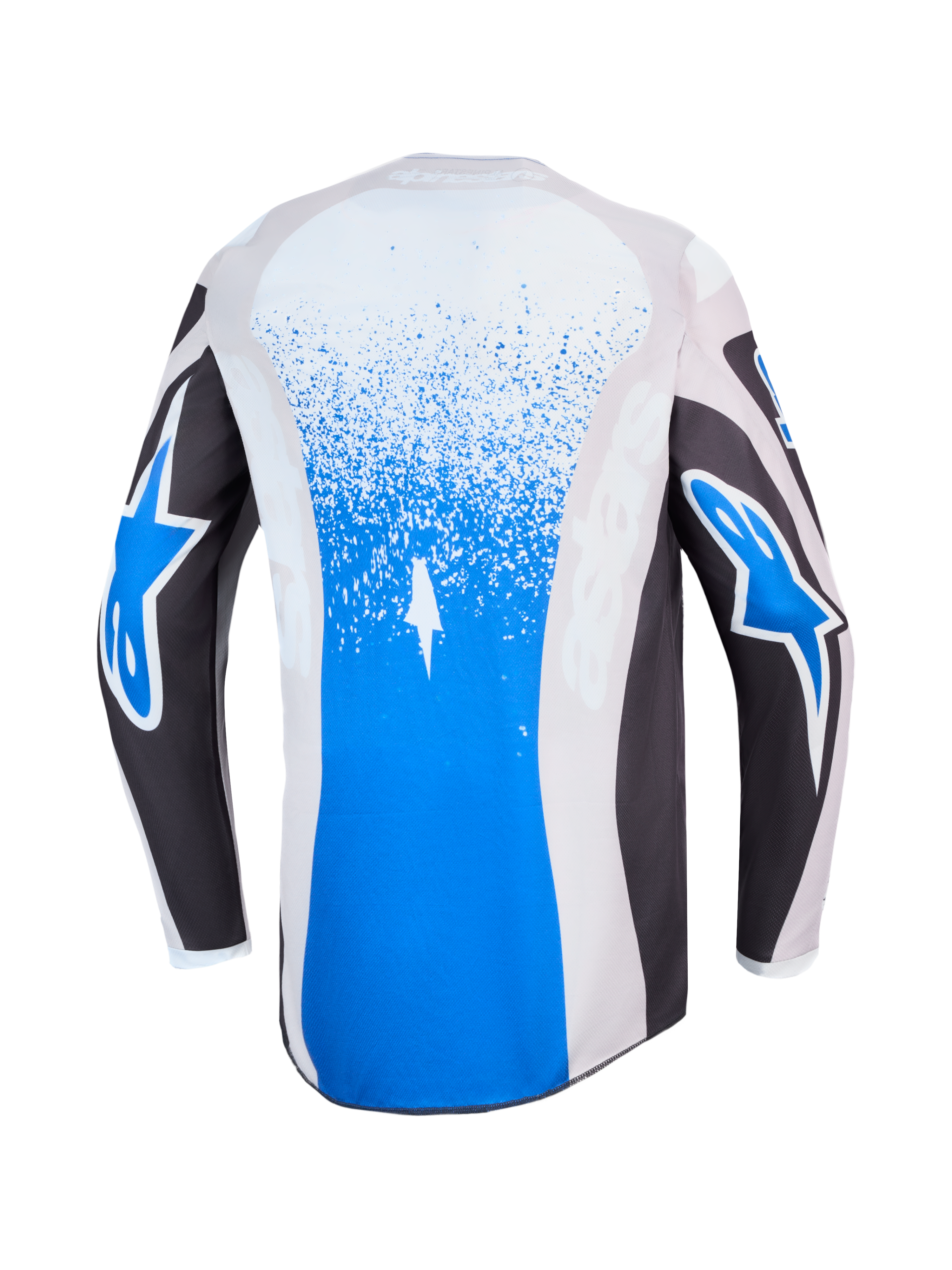 Alpinestars Maglia Fluid Drag, maglia da motocross da uomo, blu e grigia, vista posteriore con grafiche splatter e loghi a stella.