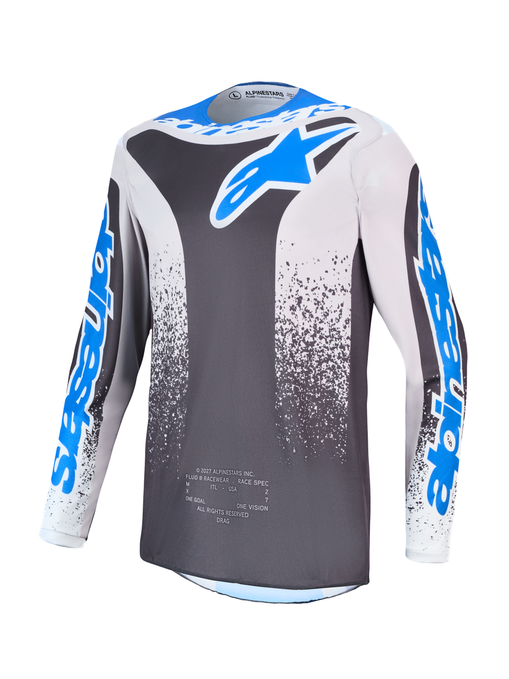 Alpinestars maglia Fluid Drag, maglia motocross da uomo, grigio e blu, in poliestere leggero e traspirante.