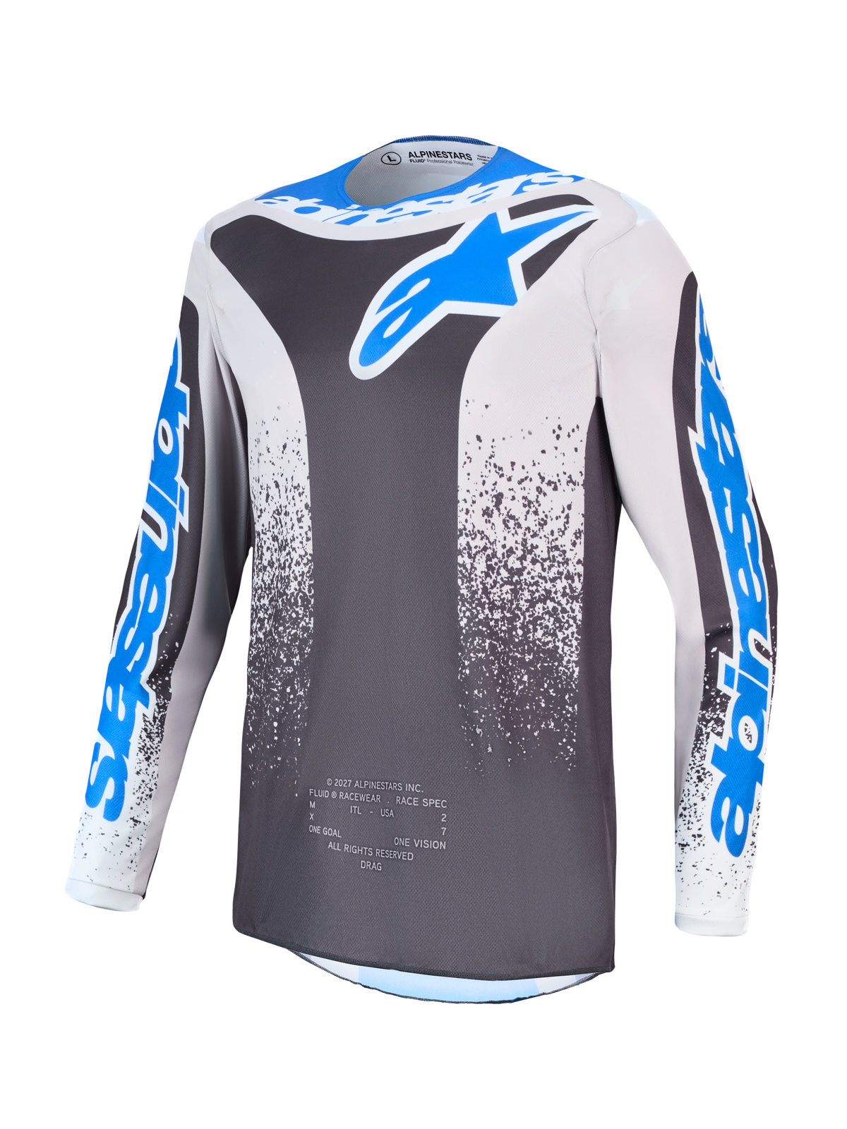 Alpinestars Fluid Drag Jersey, Men's Motocross Jersey, Gray and Blue, moisture-wicking polyfabric construction.