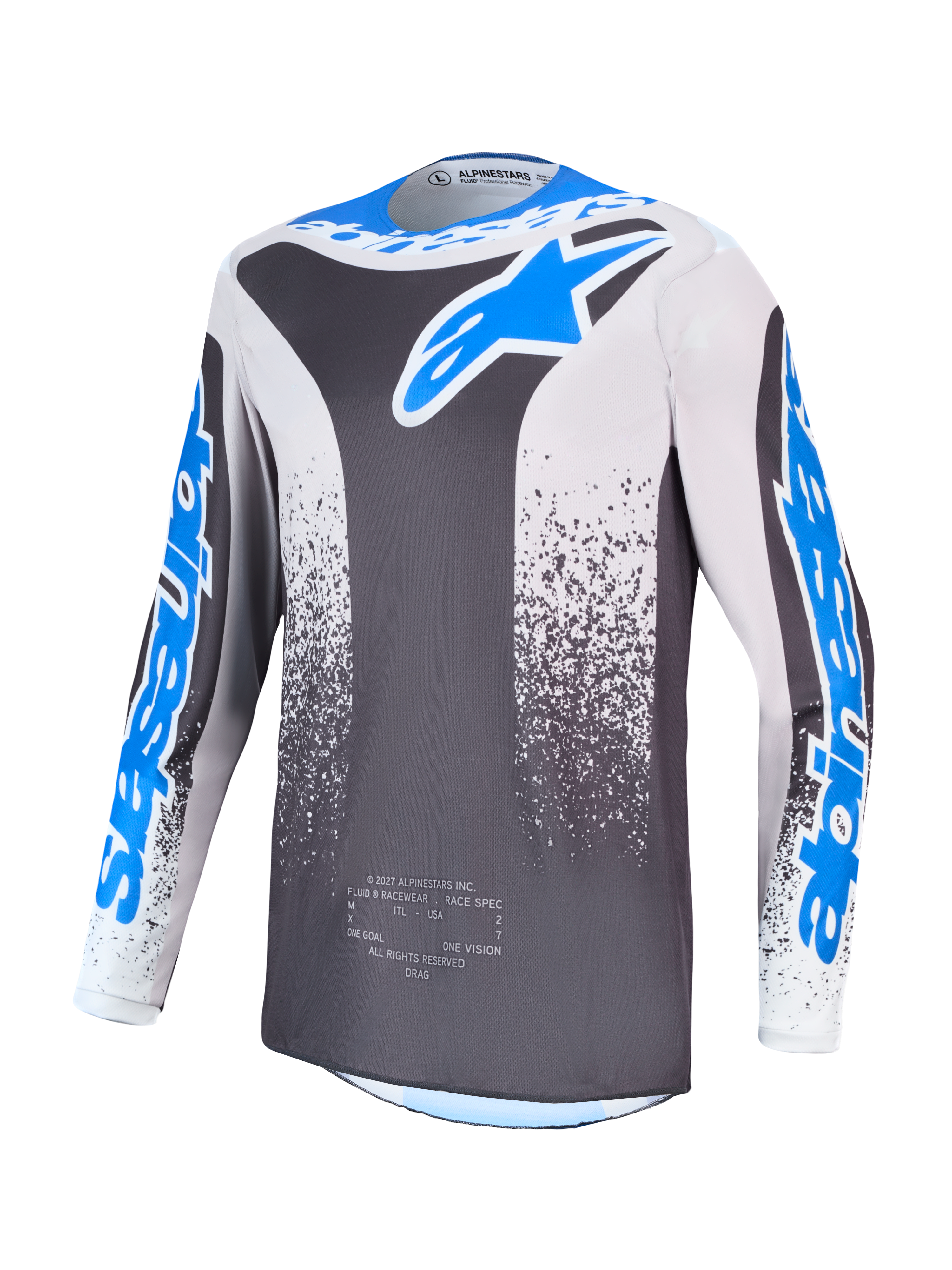 Alpinestars maglia Fluid Drag, maglia motocross da uomo, grigio e blu, in poliestere leggero e traspirante.