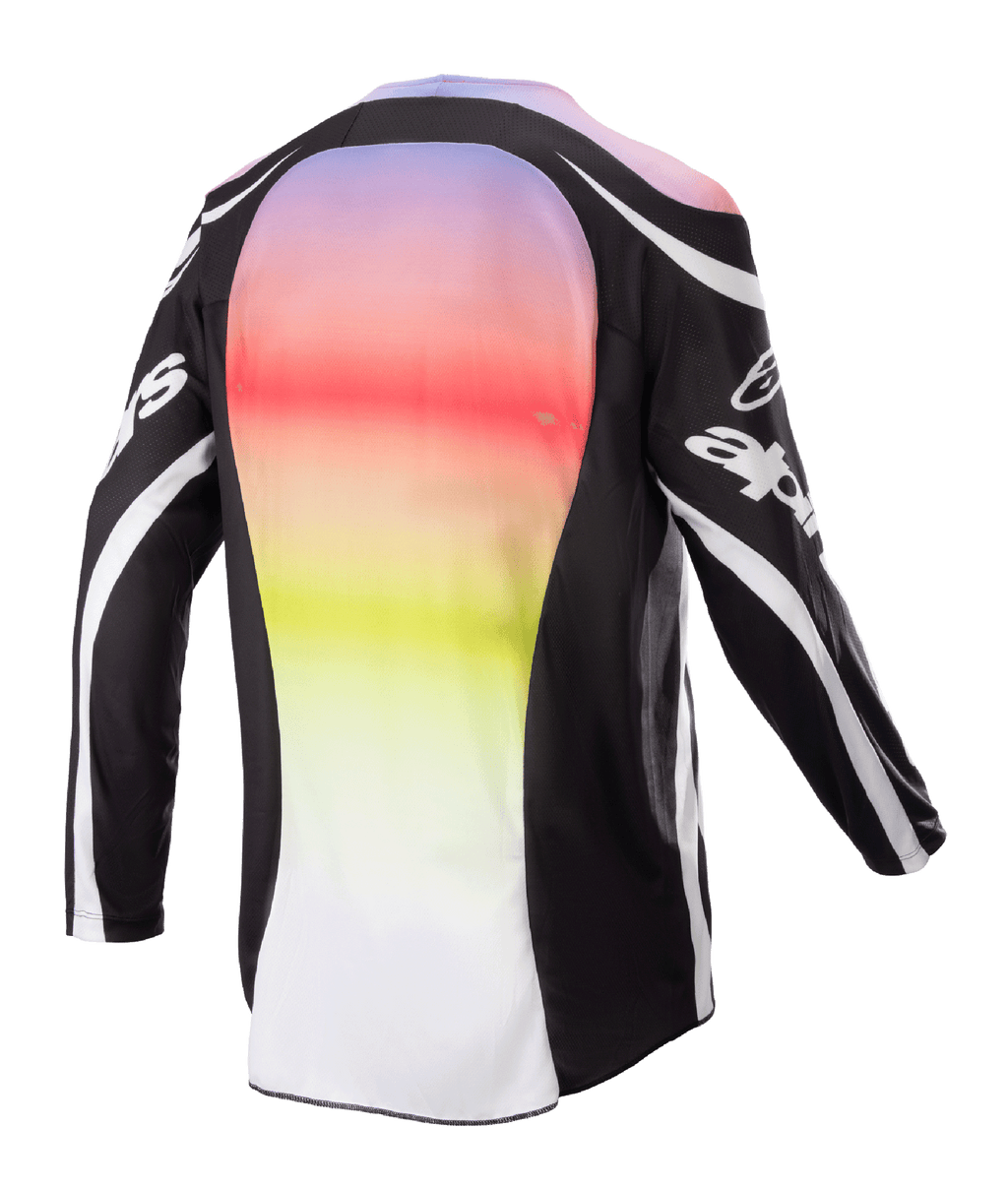 Alpinestars Maglia Racer Semi 2023, maglia da motocross, Nero Multicolore, vista posteriore con ampio pannello centrale caratterizzato da un gradiente vivace dal viola al giallo, maniche e spalle nere con loghi bianchi e linee curve, progettata per prestazioni fuoristrada
