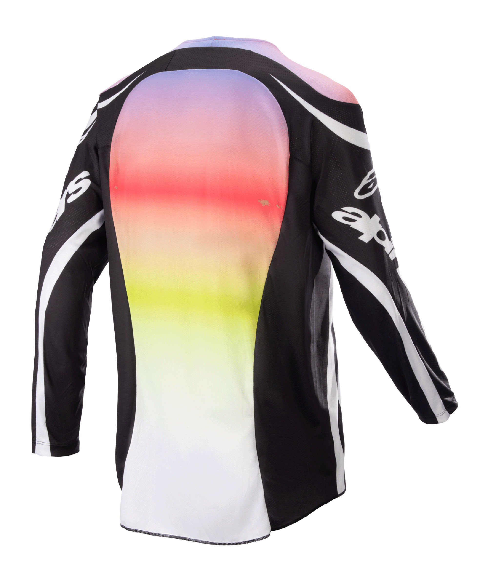 Alpinestars Maglia Racer Semi 2023, maglia da motocross, Nero Multicolore, vista posteriore con ampio pannello centrale caratterizzato da un gradiente vivace dal viola al giallo, maniche e spalle nere con loghi bianchi e linee curve, progettata per prestazioni fuoristrada