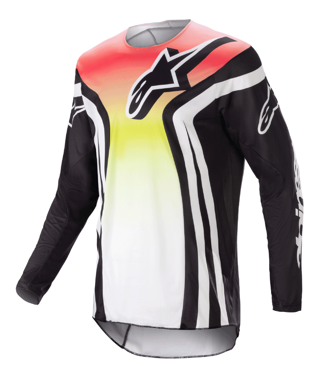 Alpinestars 2023 Racer Semi Jersey, maglia da motocross a maniche lunghe, nero e multicolore con sfumatura rossa, gialla e bianca, logo vistoso sul petto e strisce bianche sulle maniche, tessuto leggero traspirante per prestazioni off-road