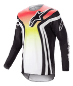 Alpinestars 2023 Racer Semi Jersey, maglia da motocross a maniche lunghe, nero e multicolore con sfumatura rossa, gialla e bianca, logo vistoso sul petto e strisce bianche sulle maniche, tessuto leggero traspirante per prestazioni off-road