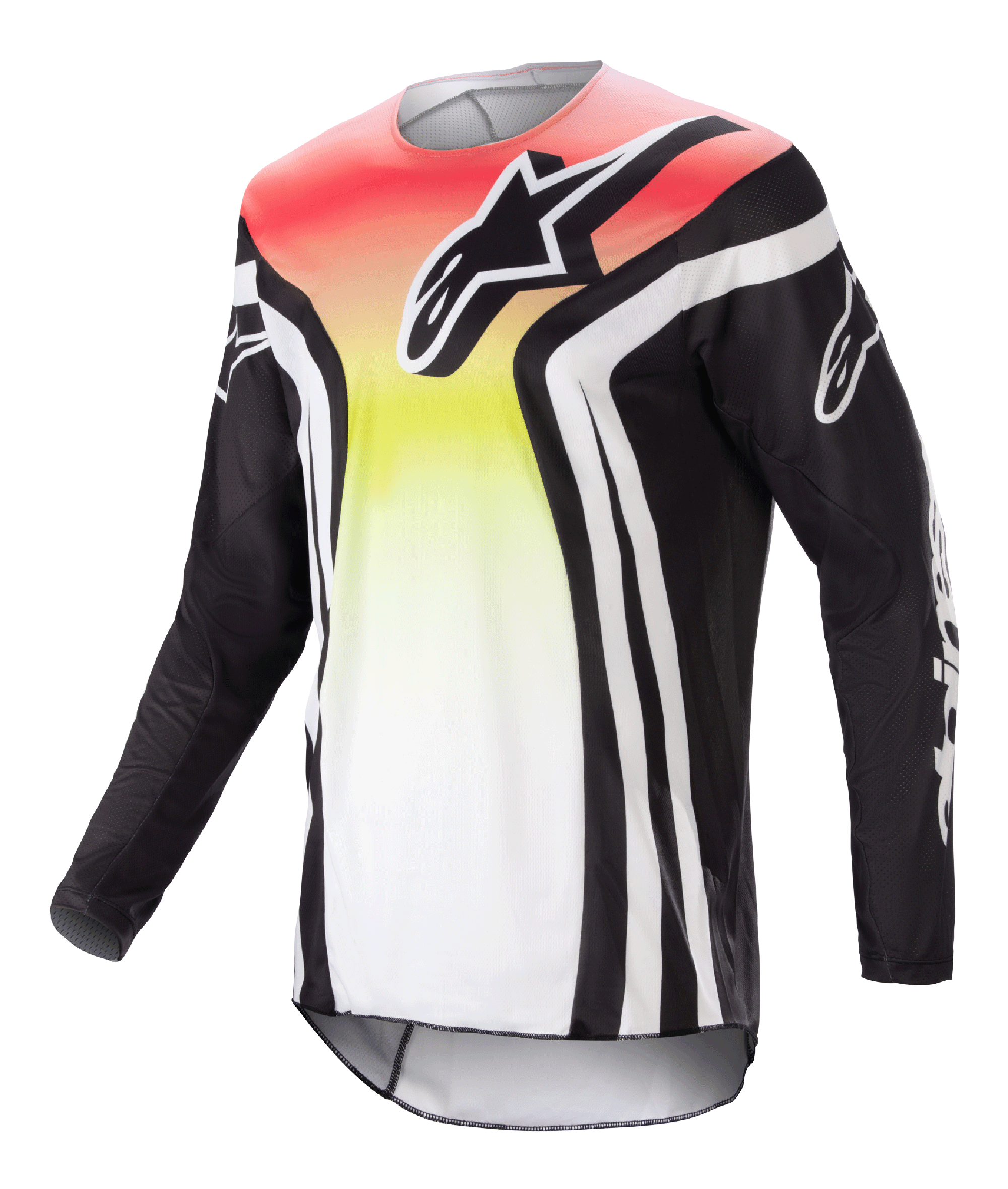 Alpinestars 2023 Racer Semi Jersey, maglia da motocross a maniche lunghe, nero e multicolore con sfumatura rossa, gialla e bianca, logo vistoso sul petto e strisce bianche sulle maniche, tessuto leggero traspirante per prestazioni off-road
