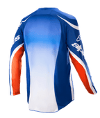 Alpinestars 2023 Racer Semi Jersey, maglia da motocross, blu, arancione e bianco, vista posteriore che mostra il pannello centrale con sfumatura da blu a bianco, dettagli delle maniche arancioni con logo bianco e parte posteriore allungata per la guida off-road