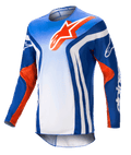 Alpinestars 2023 Racer Semi Jersey, maglia da motocross a maniche lunghe, sfumatura blu e bianca con dettagli arancione acceso, grande logo Alpinestars arancione sul petto, strisce verticali bianche sui lati, tessuto leggero e traspirante per la guida fuoristrada