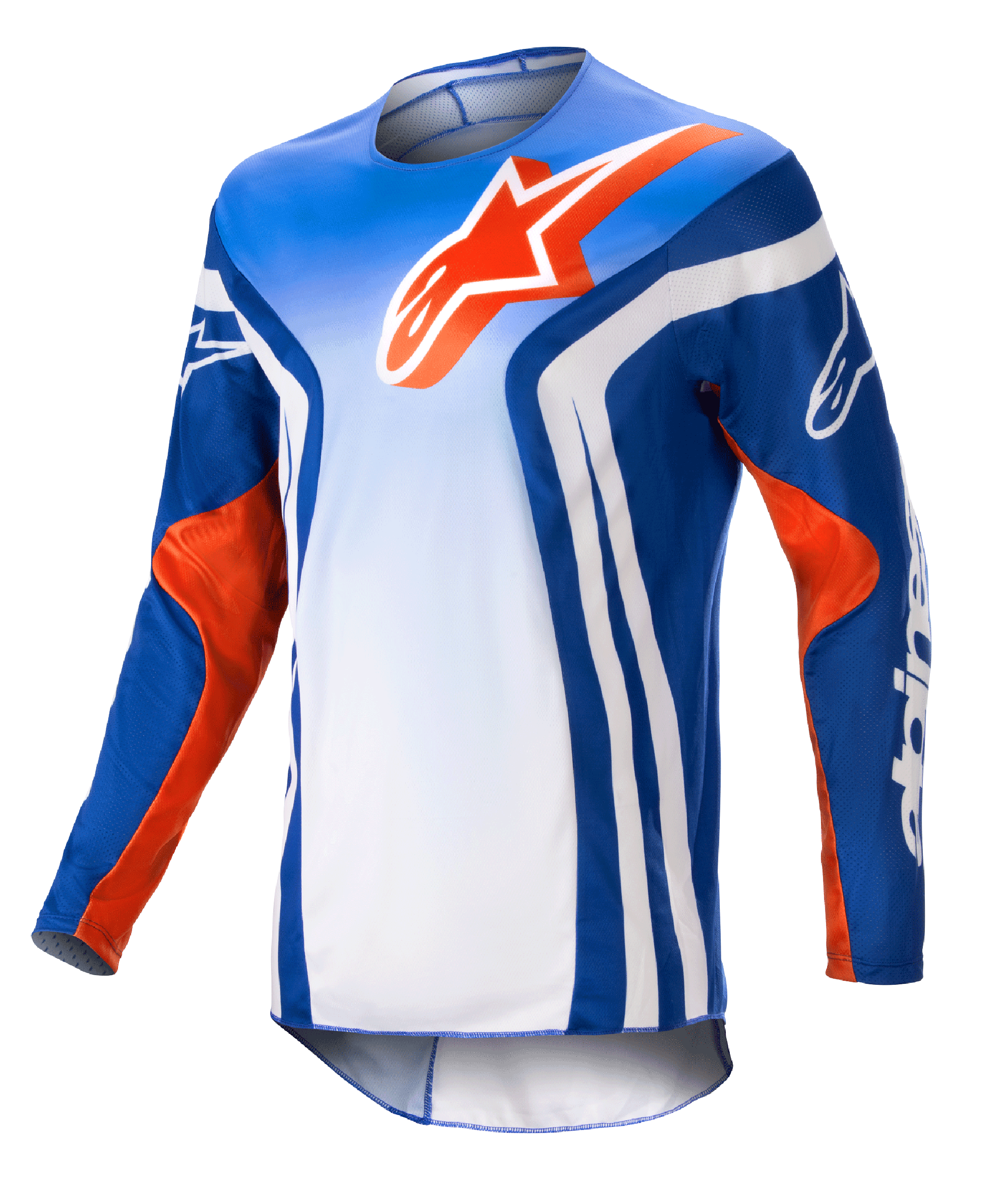 Alpinestars 2023 Racer Semi Jersey, maglia da motocross a maniche lunghe, sfumatura blu e bianca con dettagli arancione acceso, grande logo Alpinestars arancione sul petto, strisce verticali bianche sui lati, tessuto leggero e traspirante per la guida fuoristrada