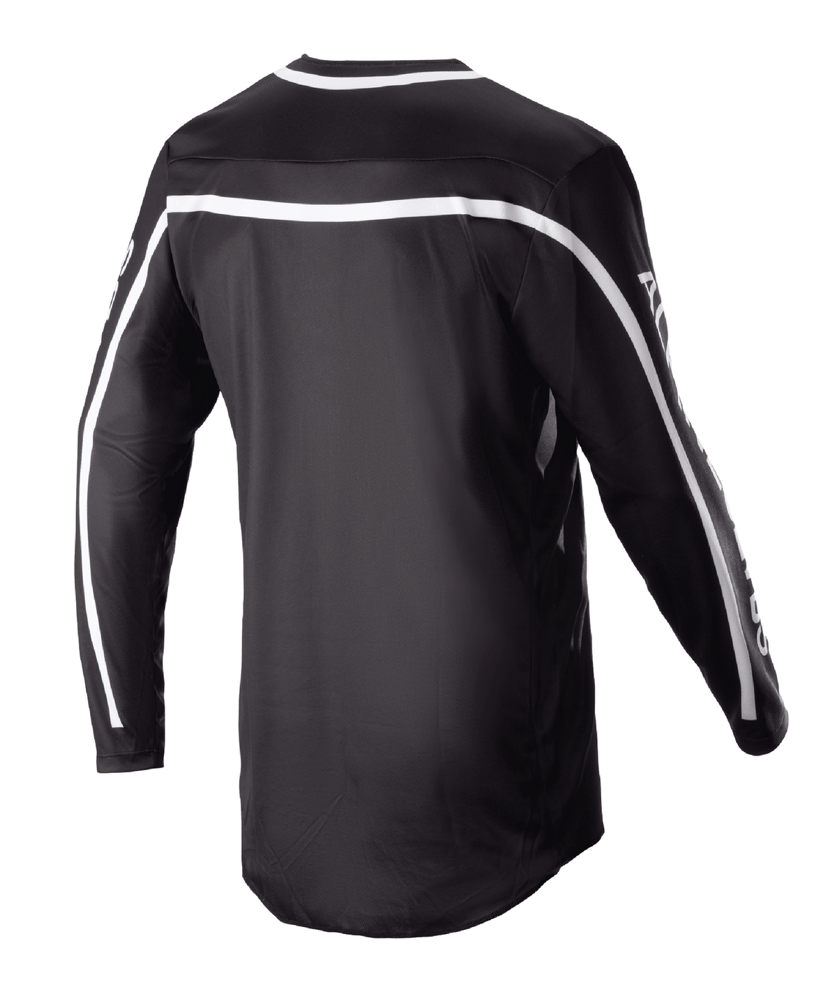 Alpinestars 2023 Racer Found Jersey, maglia da motocross nera, vista posteriore con strisce bianche su spalle e maniche, design a maniche lunghe con coda allungata per una maggiore copertura, abbigliamento tecnico leggero e traspirante