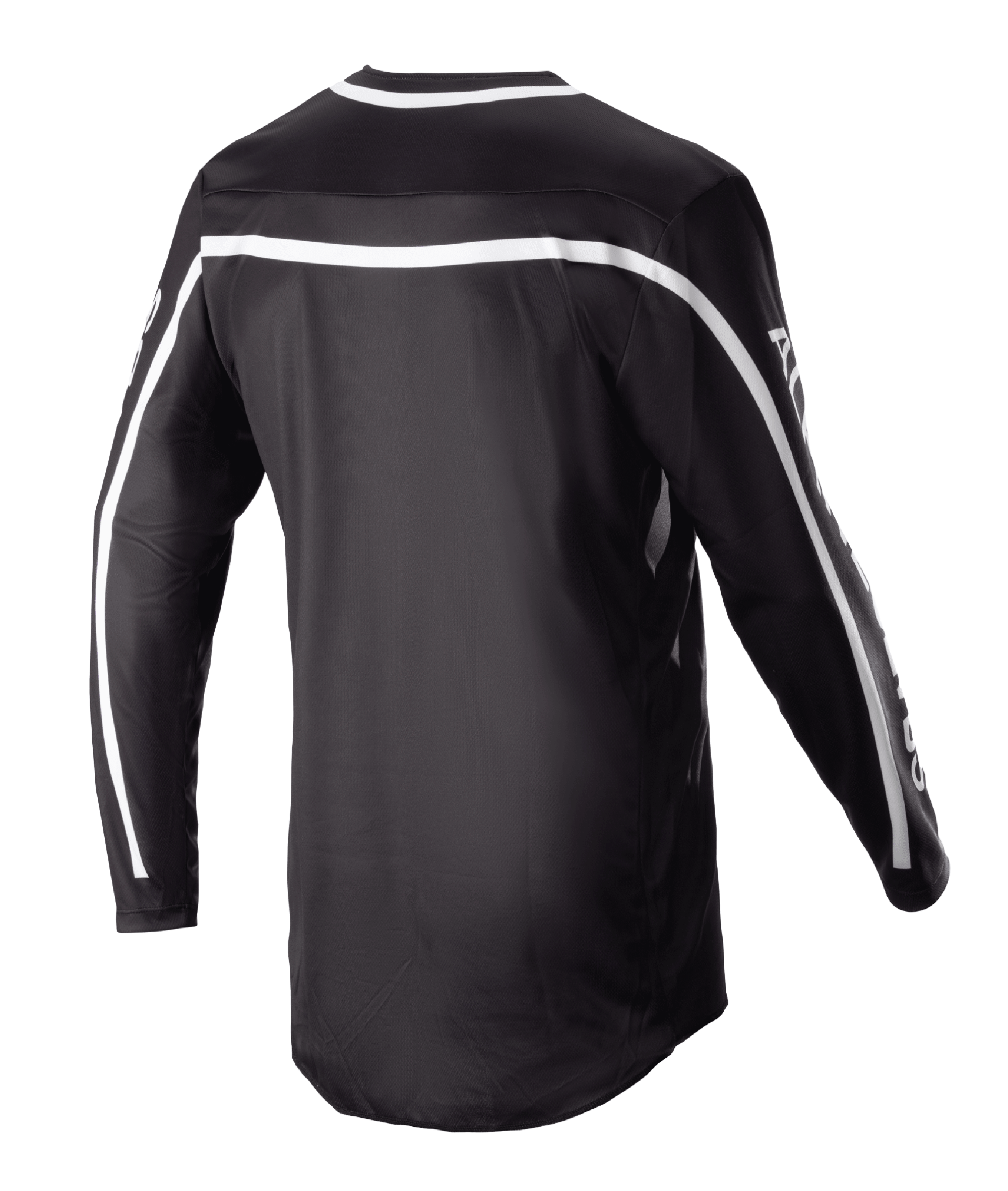 Alpinestars 2023 Racer Found Jersey, maglia da motocross nera, vista posteriore con strisce bianche su spalle e maniche, design a maniche lunghe con coda allungata per una maggiore copertura, abbigliamento tecnico leggero e traspirante