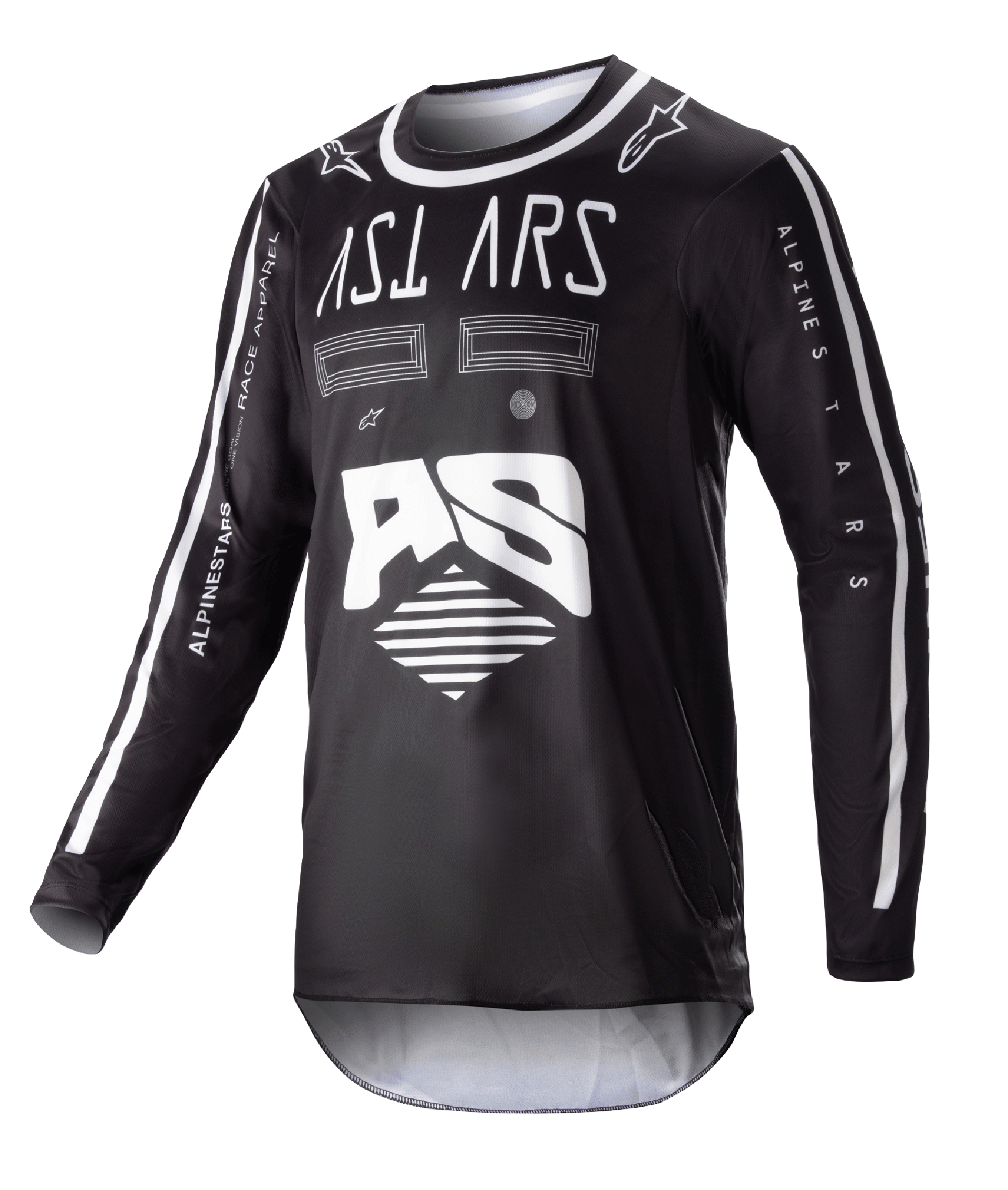 Alpinestars 2023 Racer Found Jersey, maglia da motocross nera a maniche lunghe, grafiche astratte bianche e grande logo AS, marchio ASTARS sul petto, colletto rotondo con bordo bianco, abbigliamento da gara ad alte prestazioni