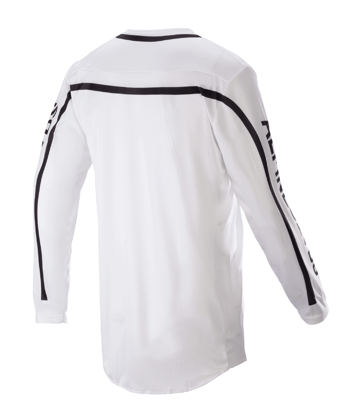 Maglia Alpinestars Racer Found 2023, maglia da motocross, bianca, vista posteriore con strisce nere su spalle e maniche, orlo posteriore allungato per una maggiore copertura, costruzione in leggero poli-tessuto