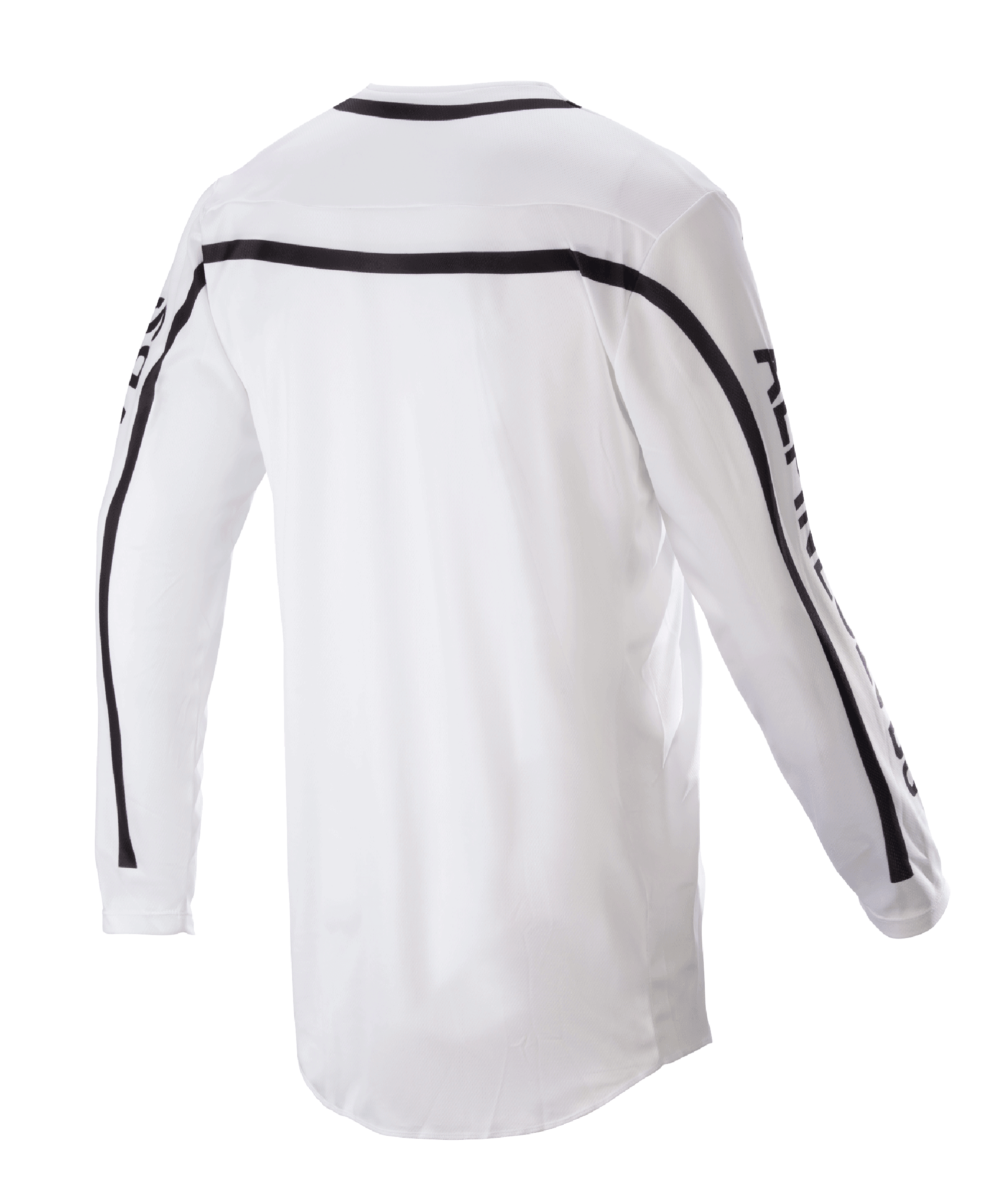 Maglia Alpinestars Racer Found 2023, maglia da motocross, bianca, vista posteriore con strisce nere su spalle e maniche, orlo posteriore allungato per una maggiore copertura, costruzione in leggero poli-tessuto