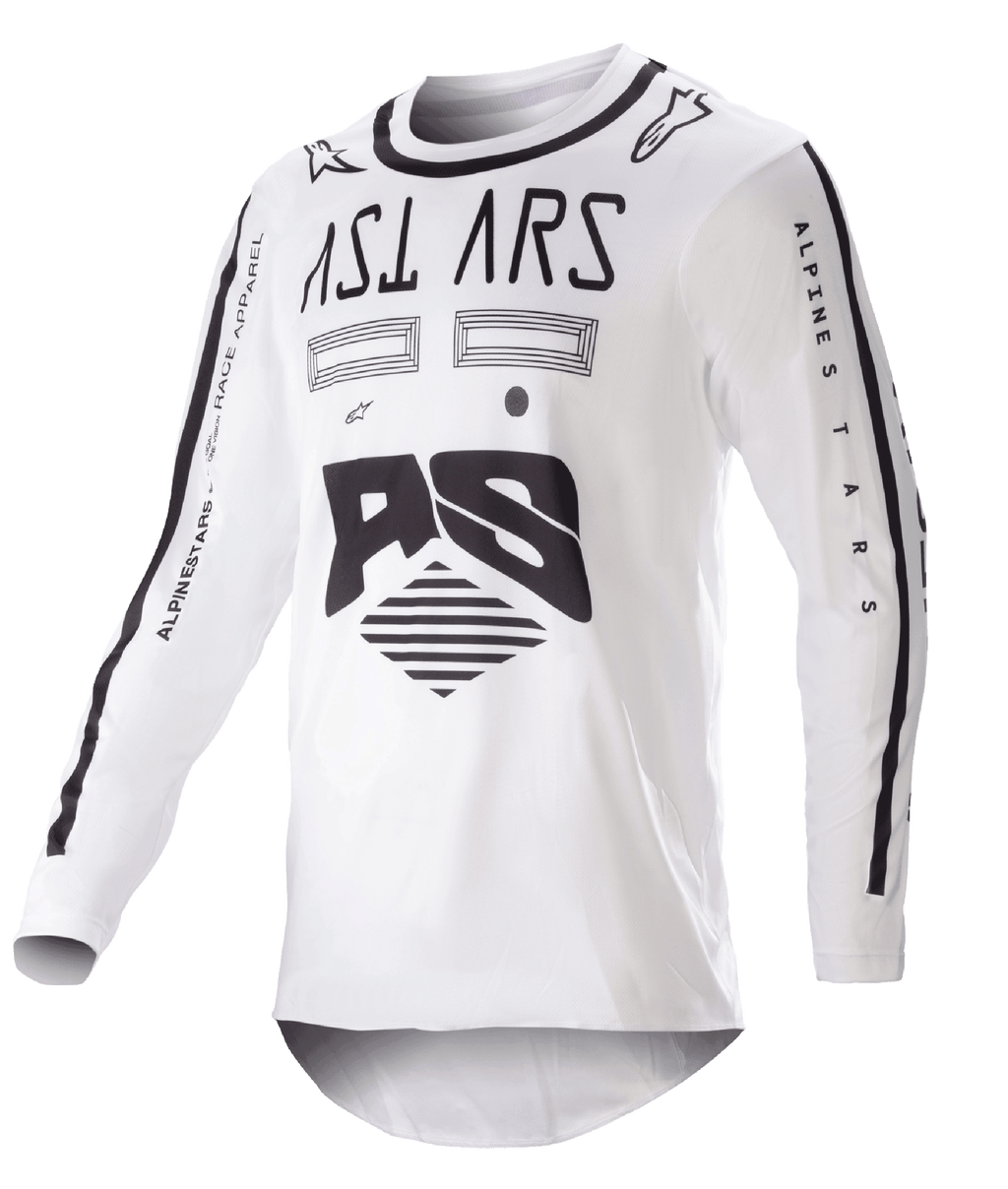 Alpinestars 2023 Racer Found Jersey, maglia da motocross, bianca e nera, grafiche nere audaci e branding su petto e maniche, tessuto tecnico leggero con colletto nero, abbigliamento per gare off-road