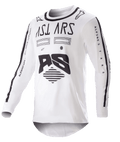Alpinestars 2023 Racer Found Jersey, maglia da motocross, bianca e nera, grafiche nere audaci e branding su petto e maniche, tessuto tecnico leggero con colletto nero, abbigliamento per gare off-road