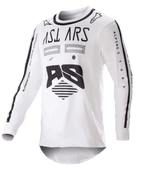 Alpinestars 2023 Racer Found Jersey, maglia da motocross, bianca e nera, grafiche nere audaci e branding su petto e maniche, tessuto tecnico leggero con colletto nero, abbigliamento per gare off-road