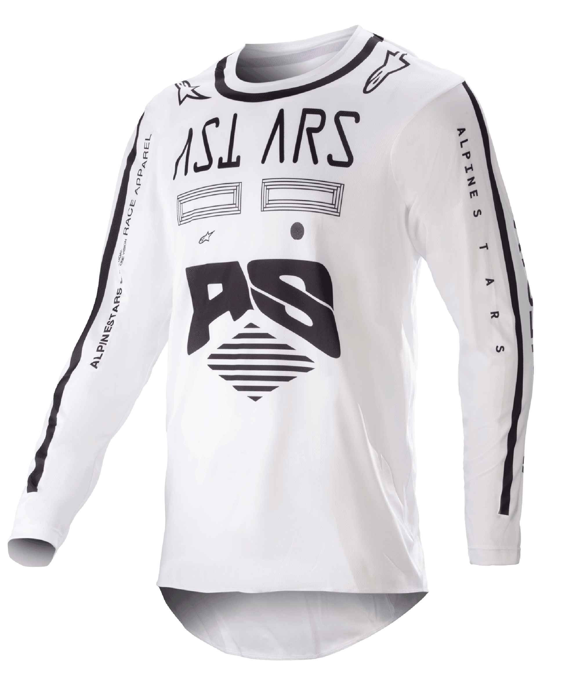 Alpinestars 2023 Racer Found Jersey, maglia da motocross, bianca e nera, grafiche nere audaci e branding su petto e maniche, tessuto tecnico leggero con colletto nero, abbigliamento per gare off-road