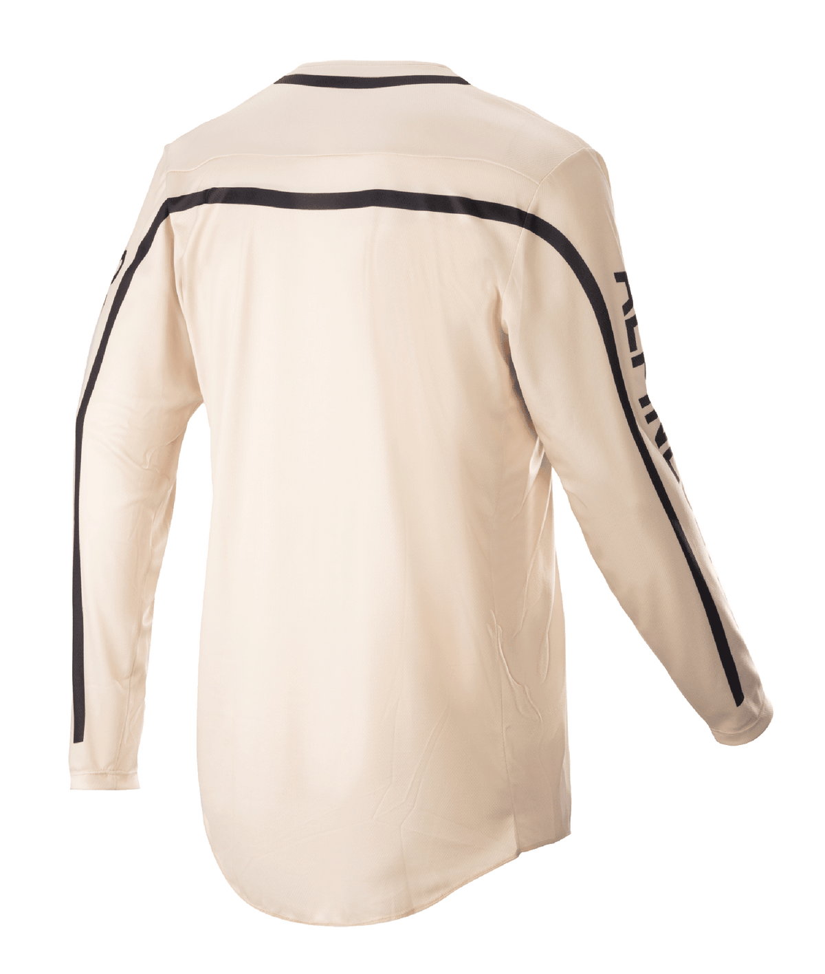 Alpinestars 2023 Racer Found Jersey, maglia da motocross, Mountain (Tan), vista posteriore, con strisce nere sulle spalle e lungo le maniche, taglio ergonomico con parte posteriore allungata per una maggiore copertura durante la guida