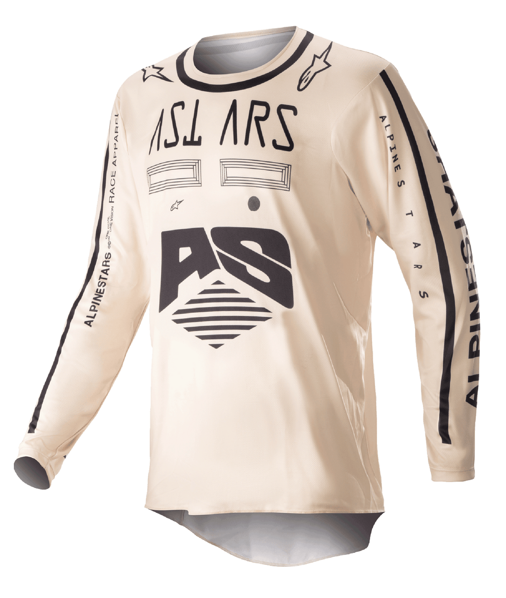 Alpinestars 2023 Racer Found Jersey, maglia da motocross a maniche lunghe, beige con grafiche nere, equipaggiamento performance per fuoristrada, con logo AS e branding sulle maniche