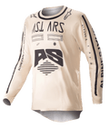 Alpinestars 2023 Racer Found Jersey, maglia da motocross a maniche lunghe, beige con grafiche nere, equipaggiamento performance per fuoristrada, con logo AS e branding sulle maniche
