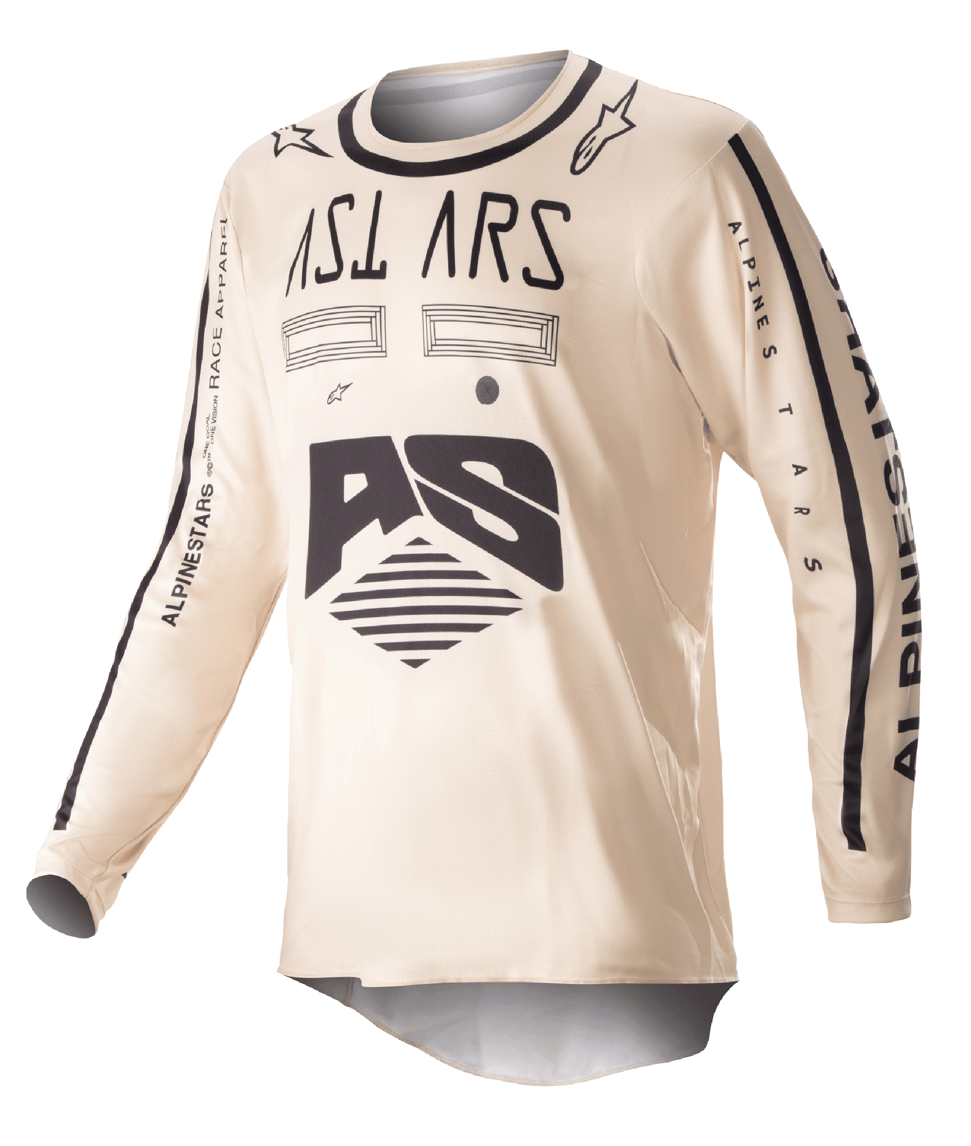 Alpinestars 2023 Racer Found Jersey, maglia da motocross a maniche lunghe, beige con grafiche nere, equipaggiamento performance per fuoristrada, con logo AS e branding sulle maniche