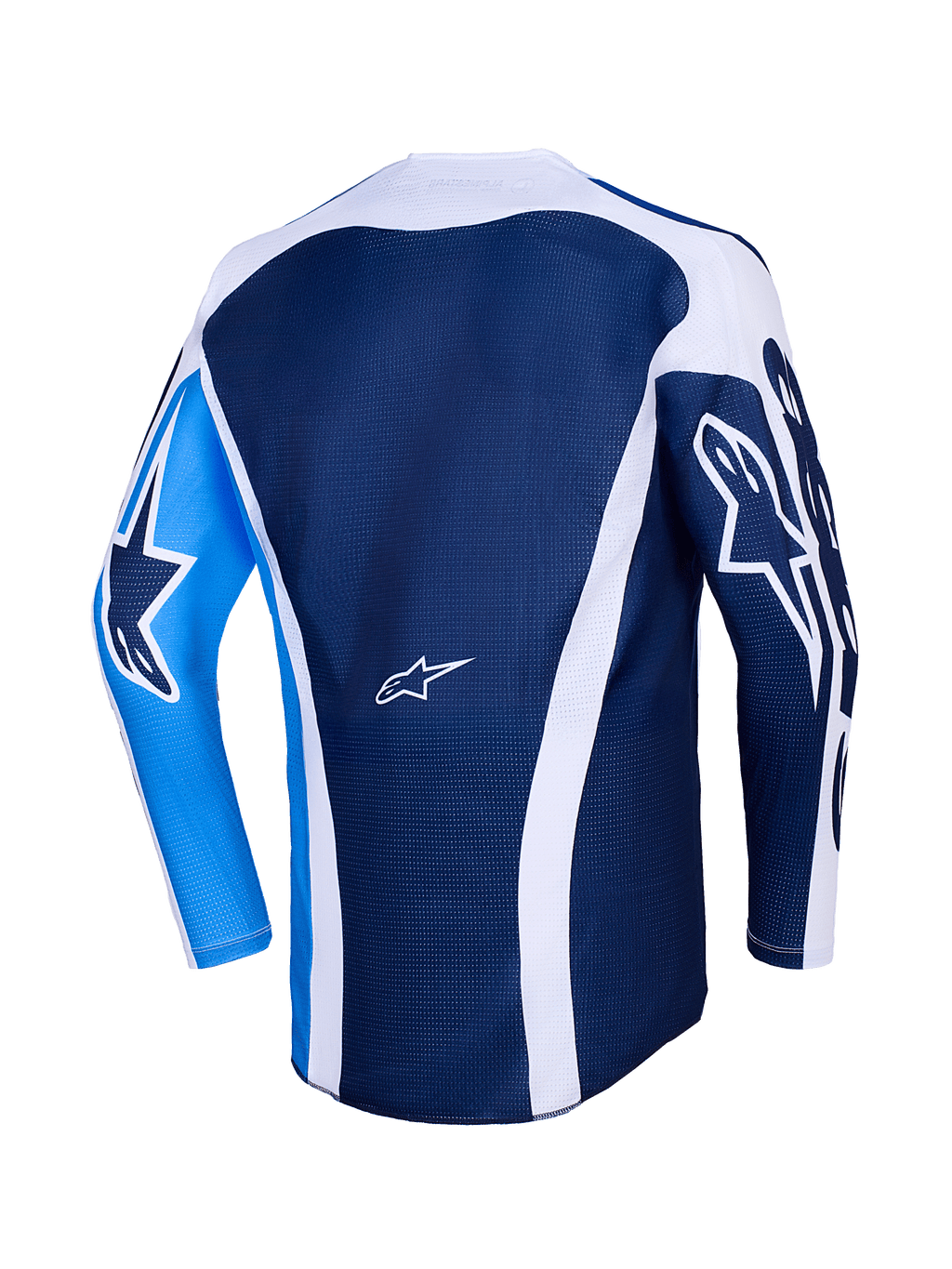 Alpinestars 2026 Racer Air Portl Jersey, vista posteriore, blu Ucla e bianco, corpo in mesh blu scuro con accenti curvi bianchi, manica sinistra azzurro acceso con logo a stella blu scuro, manica destra blu scuro con logo a stella bianco, maglia da motocross traspirante ad alte prestazioni