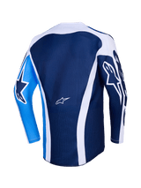 Alpinestars 2026 Racer Air Portl Jersey, vista posteriore, blu Ucla e bianco, corpo in mesh blu scuro con accenti curvi bianchi, manica sinistra azzurro acceso con logo a stella blu scuro, manica destra blu scuro con logo a stella bianco, maglia da motocross traspirante ad alte prestazioni