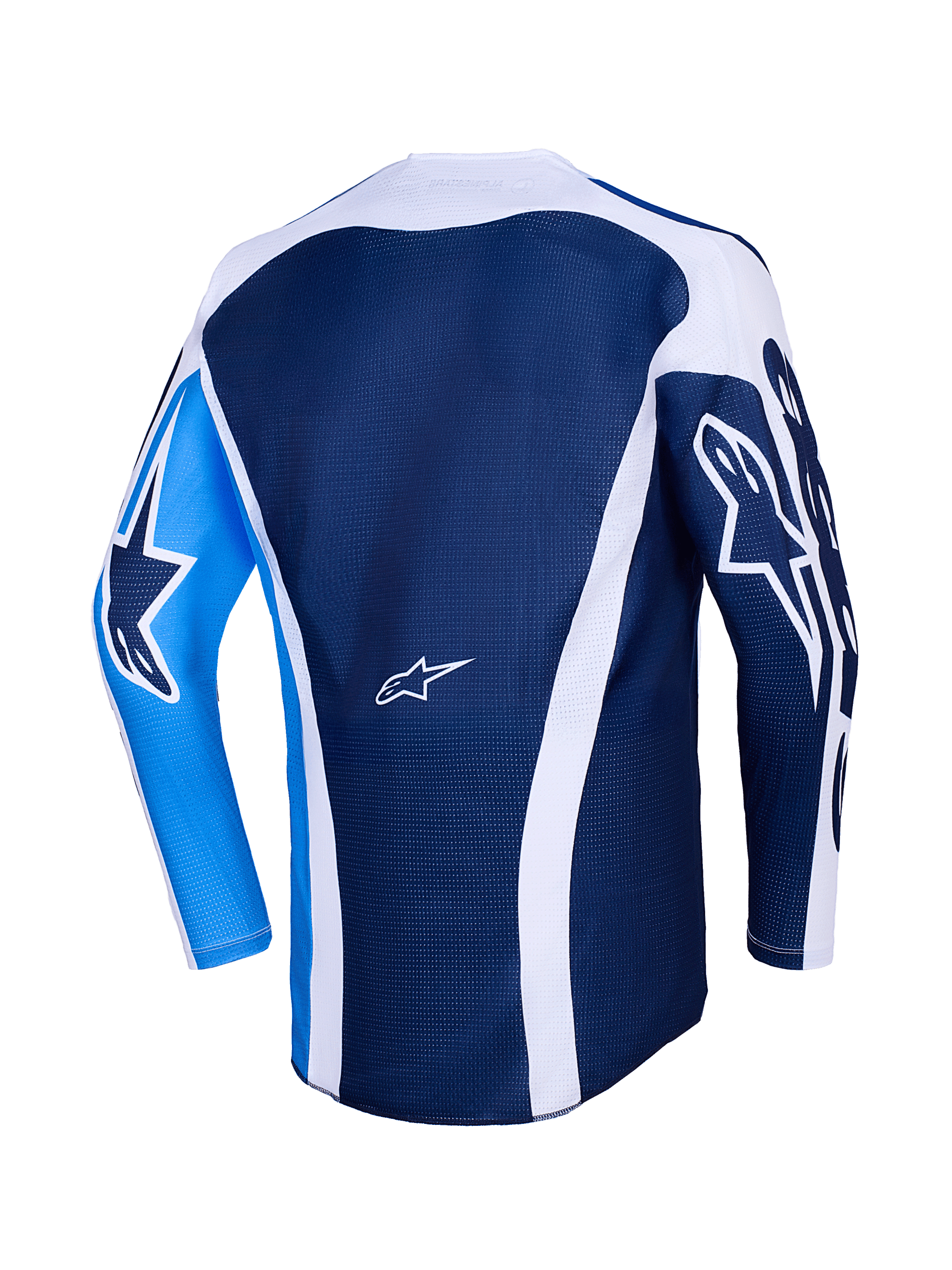 Alpinestars 2026 Racer Air Portl Jersey, vista posteriore, blu Ucla e bianco, corpo in mesh blu scuro con accenti curvi bianchi, manica sinistra azzurro acceso con logo a stella blu scuro, manica destra blu scuro con logo a stella bianco, maglia da motocross traspirante ad alte prestazioni