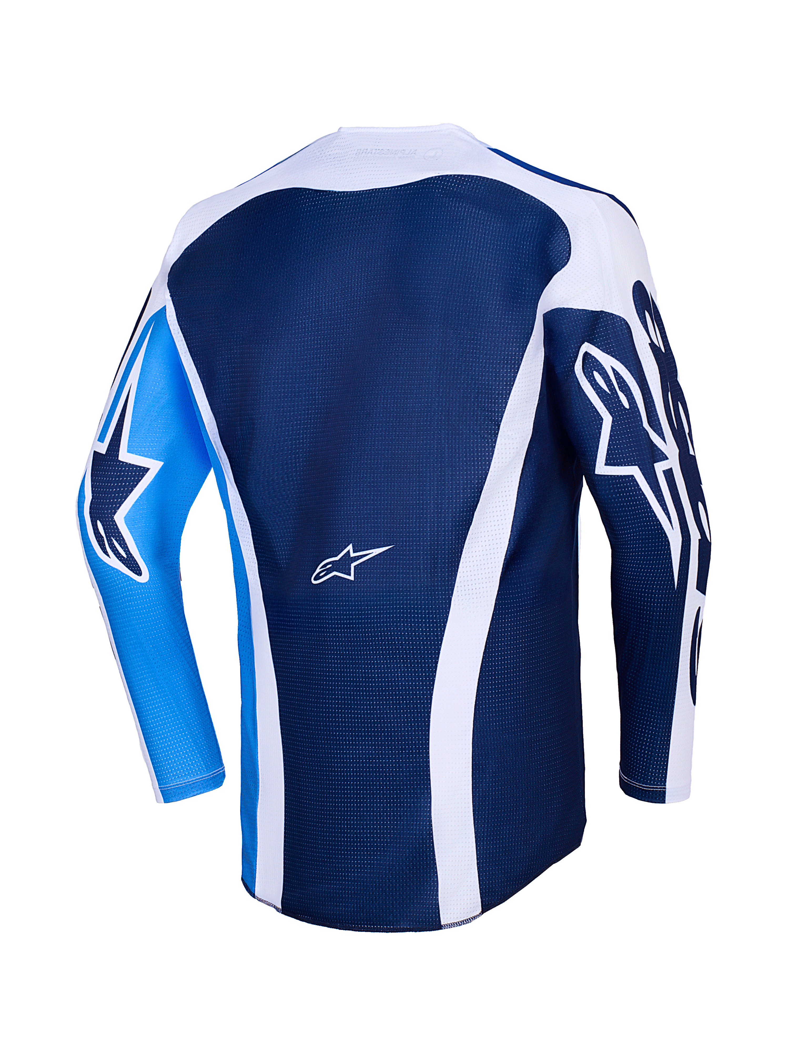 Alpinestars 2026 Racer Air Portl Jersey, vista posteriore, blu Ucla e bianco, corpo in mesh blu scuro con accenti curvi bianchi, manica sinistra azzurro acceso con logo a stella blu scuro, manica destra blu scuro con logo a stella bianco, maglia da motocross traspirante ad alte prestazioni