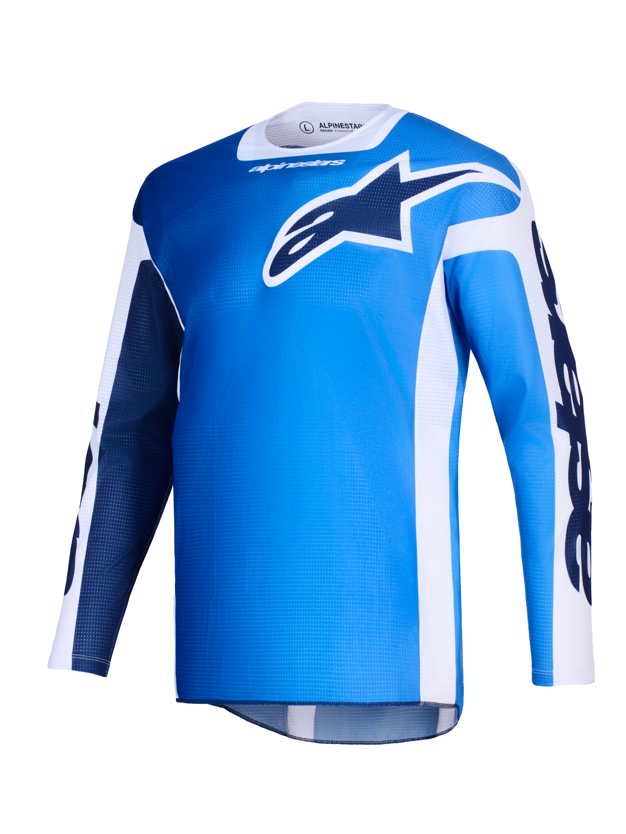 Alpinestars Racer Air Portl Jersey 2026, maglia da motocross, blu UCLA e bianco, con un grande logo Astars blu scuro sul petto, pannelli laterali bianchi e texture in mesh leggero per un elevato flusso d'aria
