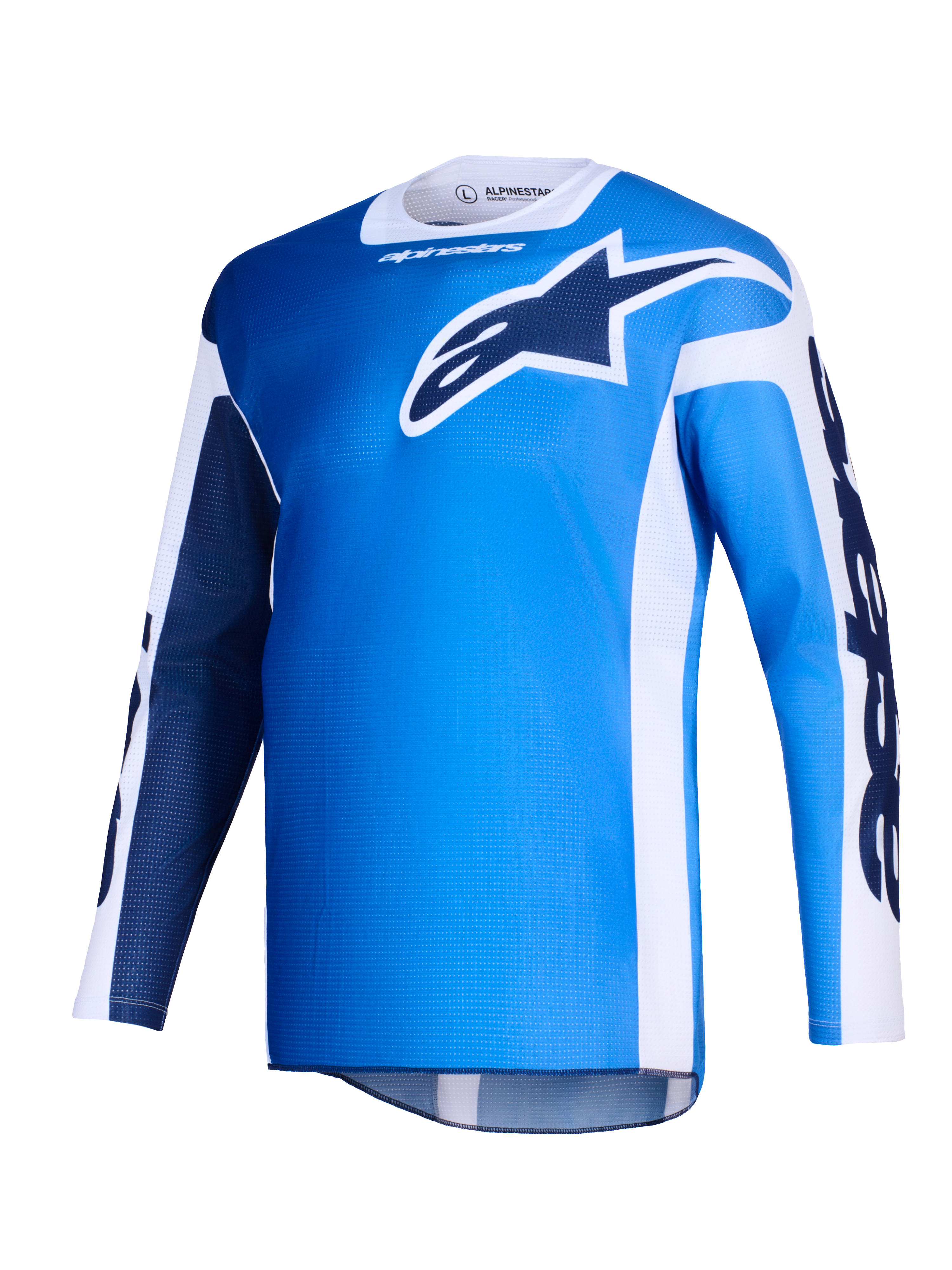 Alpinestars Racer Air Portl Jersey 2026, maglia da motocross, blu UCLA e bianco, con un grande logo Astars blu scuro sul petto, pannelli laterali bianchi e texture in mesh leggero per un elevato flusso d'aria
